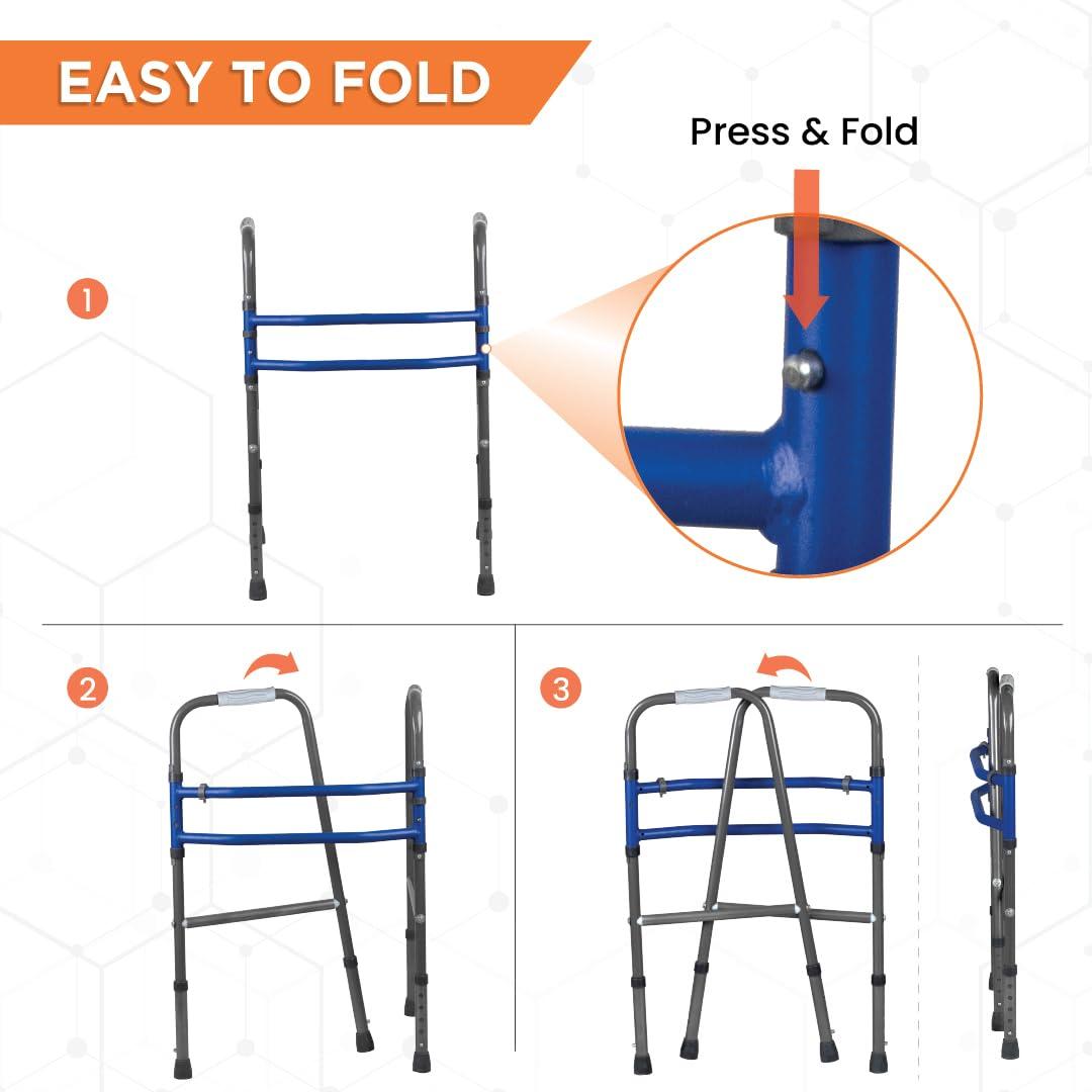 Vissco Vissco Medipedic Walker Plain With Double Bar,Walker for Elderly & Physically Challenged,Foldable, Light Weight & Height Adjustable, Made with Premium Grade Rubber Shoes & PVC Grip -Universal(Grey)