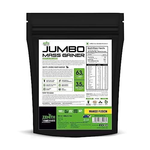 Zenith Nutrition Zenith Sports Jumbo Mass Gainer 1kg | Promotes Muscle Strength | 63g Carbs | 3.5g Protein | Mango Fusion Flavor