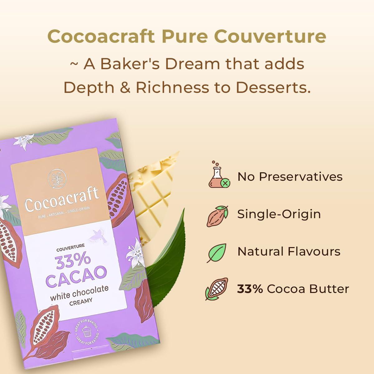 COCOACRAFT Cocoacraft 33% White Chocolate Couverture (210g) White Chocolate Baking Bar | 100% Natural | Handmade Artisinal Couverture Chocolate from Kerala | Used for baking and decoration