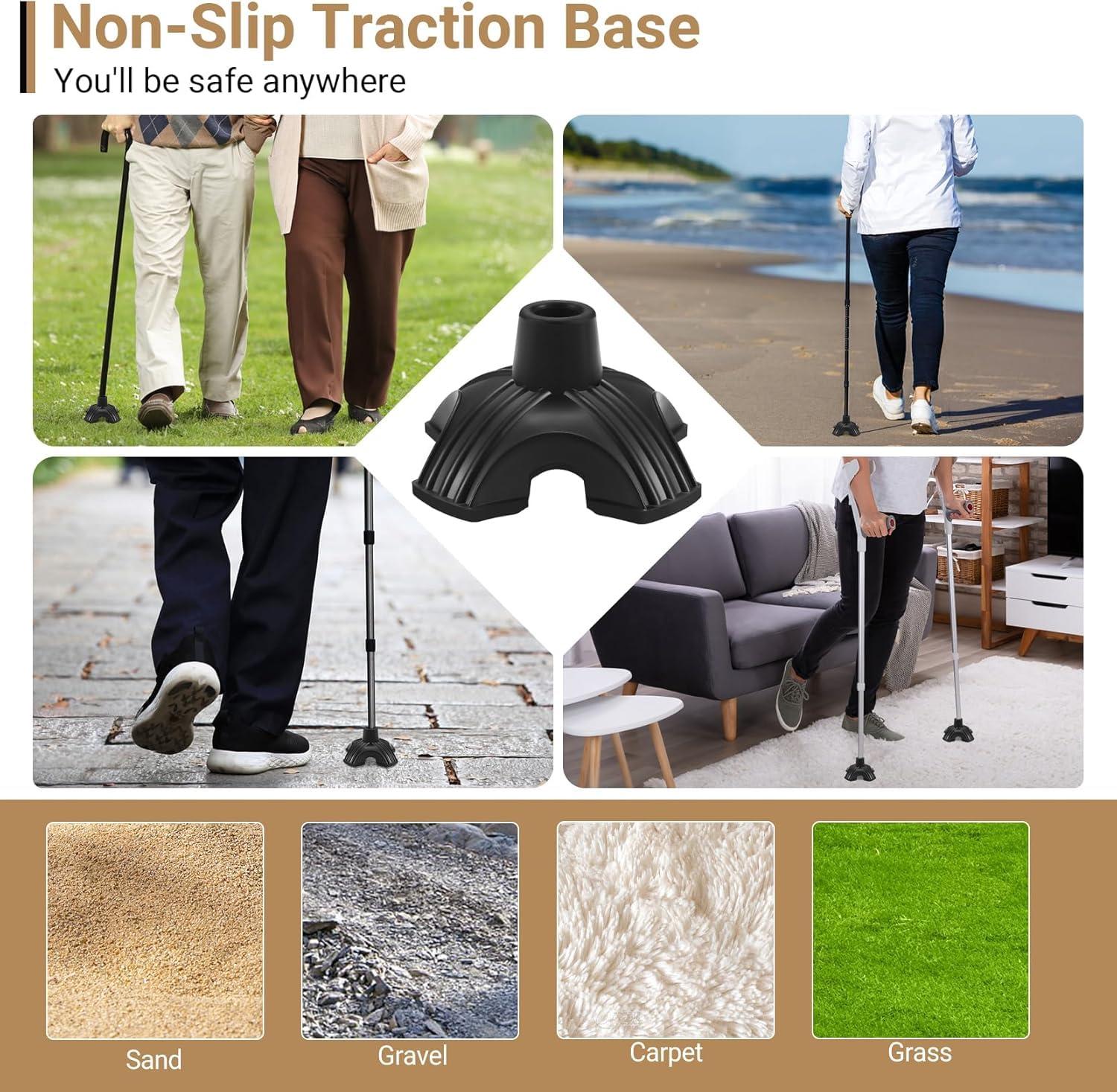 MCP MCP Self Standing Quad Base Replacement for Most Walking Canes, Walking Sticks, Folding Canes or Offset Quad Pod or Tripod Canes - 4 Prong Rubber Cane Foot Pad Big (Black)