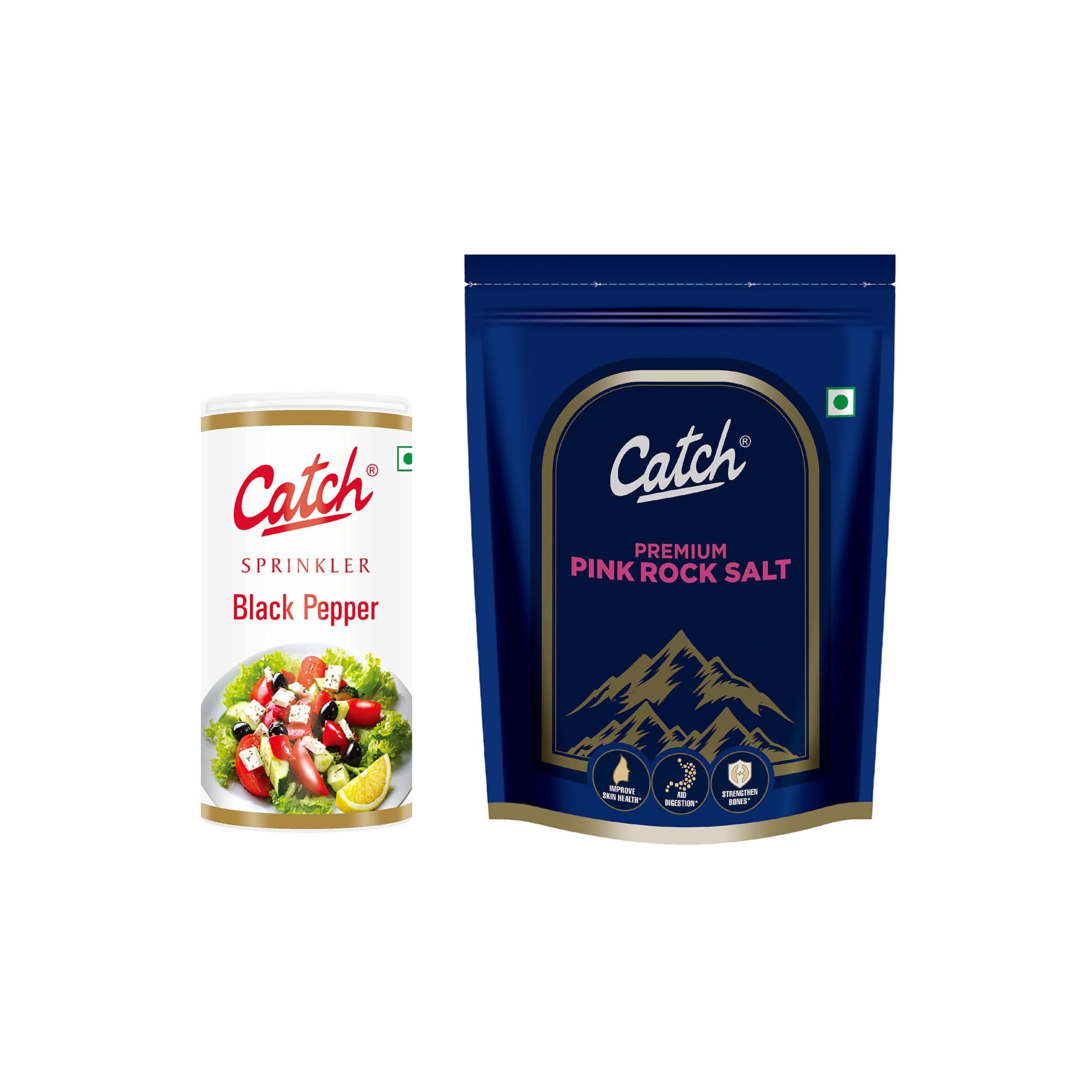 catch Catch Black Pepper Sprinkler 100 GM + Catch Rock Salt | Pink Rock Salt Premium | Sendha Namak 1 Kg - Spice/Masala Combo Pack