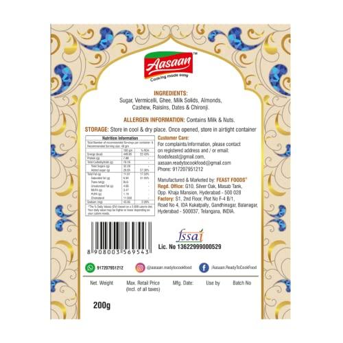 Aasaan Aasaan Sheer Kurma Premix 200gms, Ready to Cook Sheer Khurma Mix, Instant Hyderabadi Sheer Khurma Premix, Indian Sweets Sheer Khurma Ready Mix Vegetarian Dessert (Pack of 2)