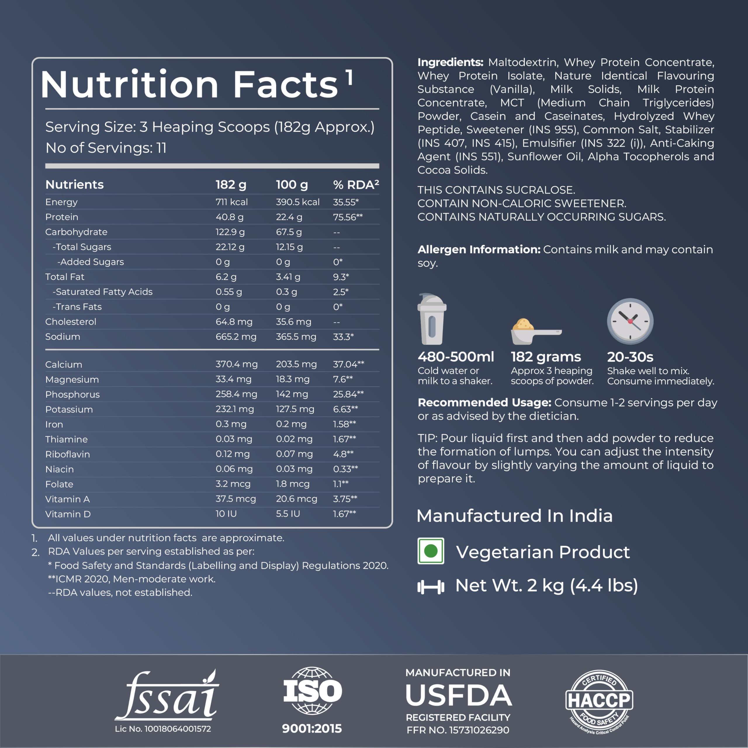 Nutrabay Nutrabay Gold Mega Mass Gainer Powder - 2kg, Vanilla Ice Cream | 100% Veg | 40.8g Protein, 123g Carbs, 711 Calories | Muscle Building & Weight Gainer Supplement for Men & Women