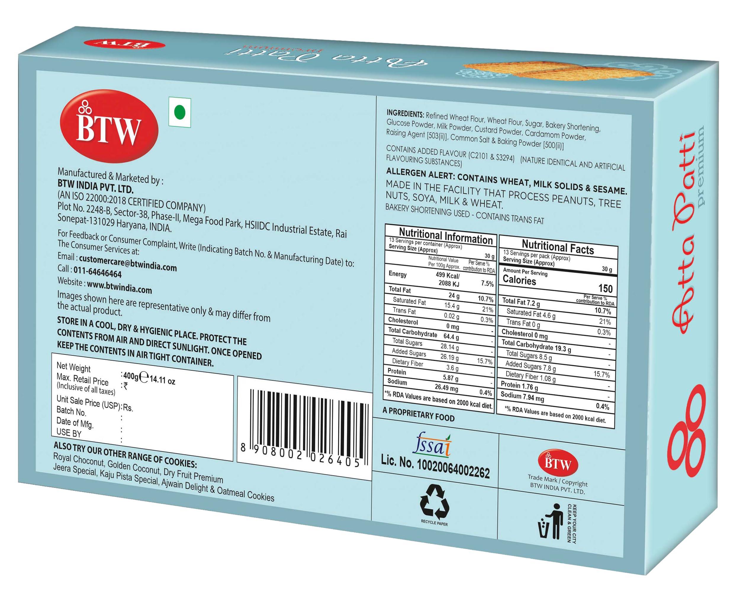 BTW BTW Atta Patti Premium Cookies 800g (400g X 2)