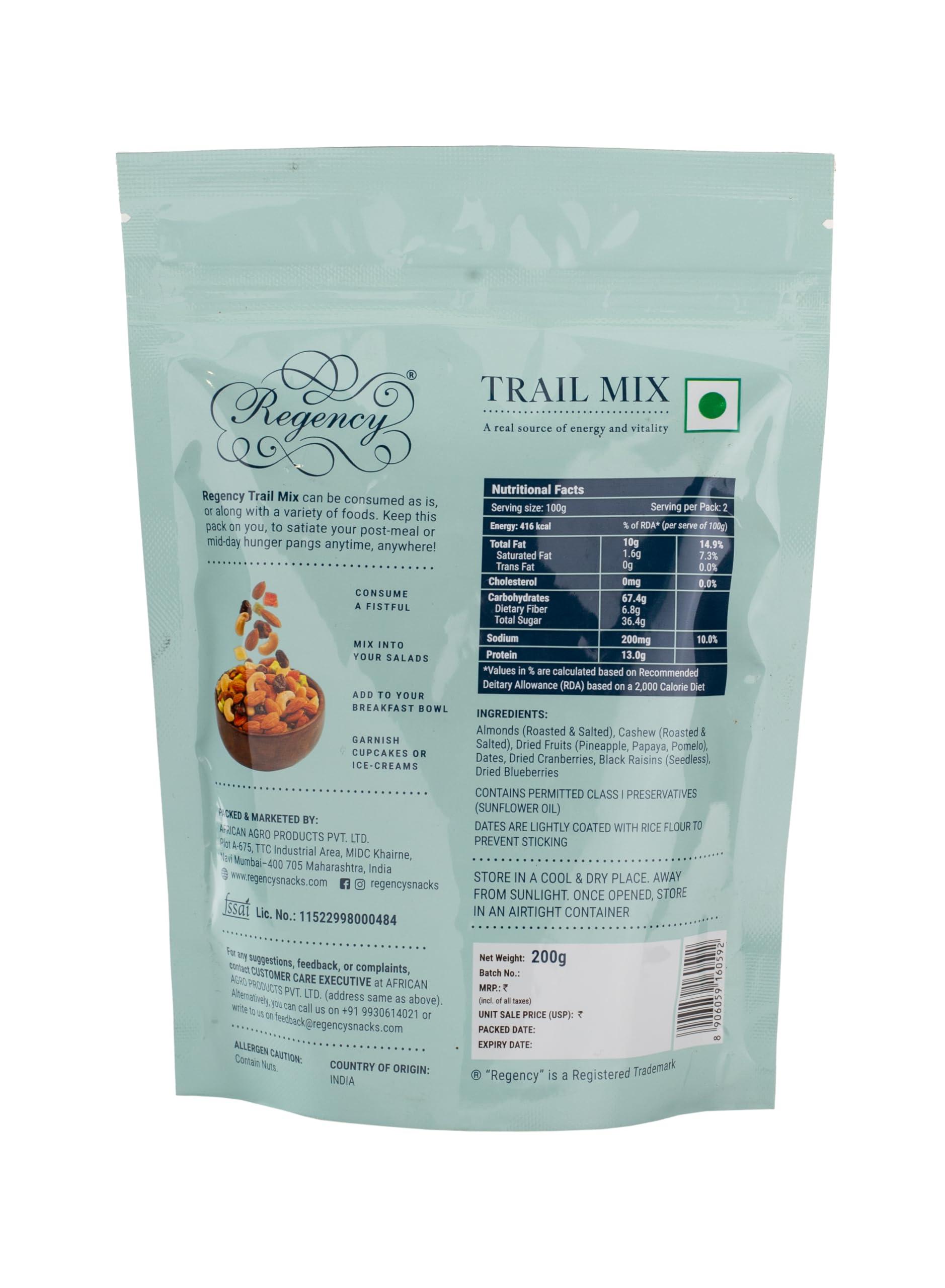 REGENCY REGENCY Trail Mix 200 gm Pouch Protein Crunch, Dry Fruit Mix (Pineapple, Papaya, Pomelo)| Almond & Cashews (Roasted Salted) | Dates, Dried Cranberries, Black Raisins (Seedless), Dried Blueberries. | Pack Of 2