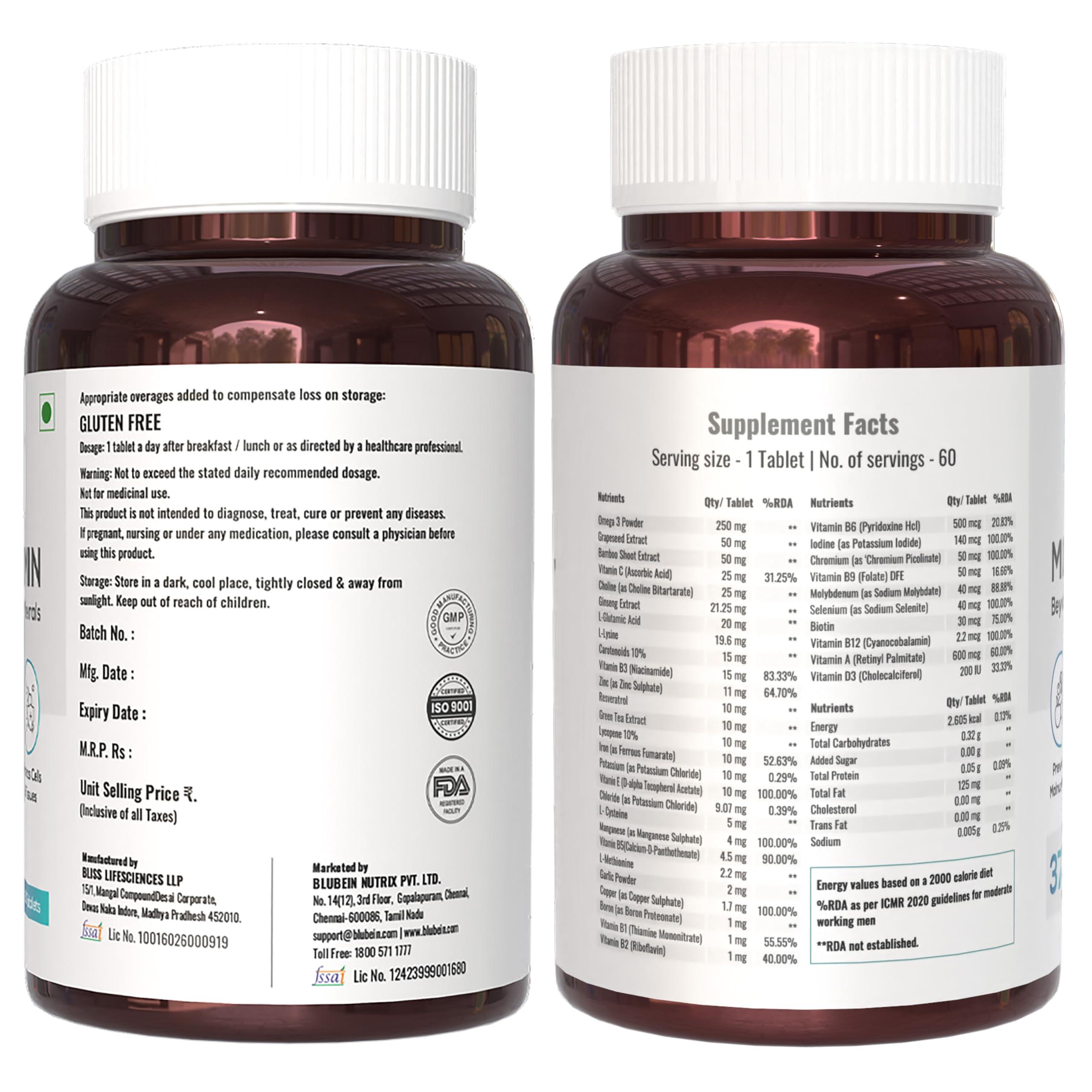 Blubein Blubein Multivitamin Tablet with 37 Vital Ingredients for Men & Women Boosts Stamina,Enhances Immunity & Prevents Malnutrition - 60 Tablets x Pack of 3