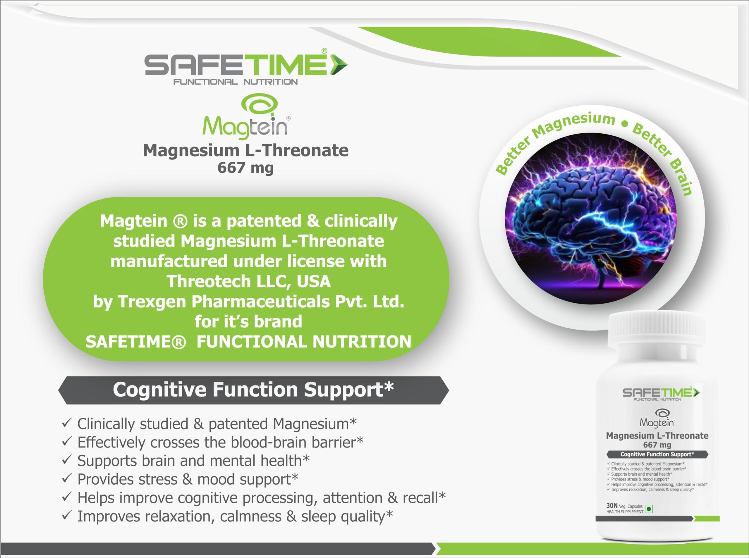 SAFETIME SAFETIME FUNCTIONAL NUTRITION Magtein Magnesium L Threonate Cognitive Function & Brain Health Support (30 Veg. Capsules) (Pack of 1)