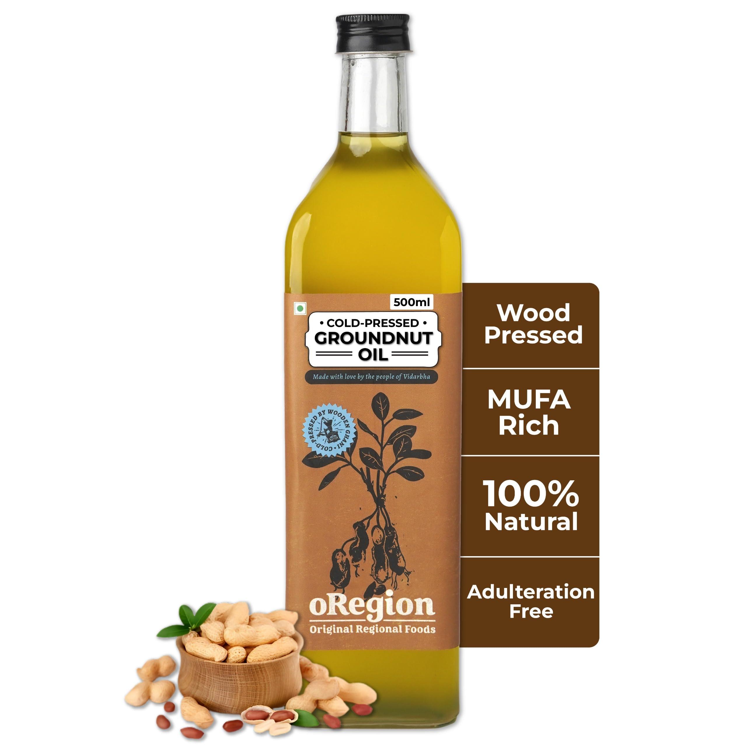 oRegion oRegion Cold Pressed Groundnut Oil | Glass Bottle | Wood Pressed Peanut Oil, 100% Natural, Unadulterated, Organic & Preservative-Free Cooking Oil - 500ml