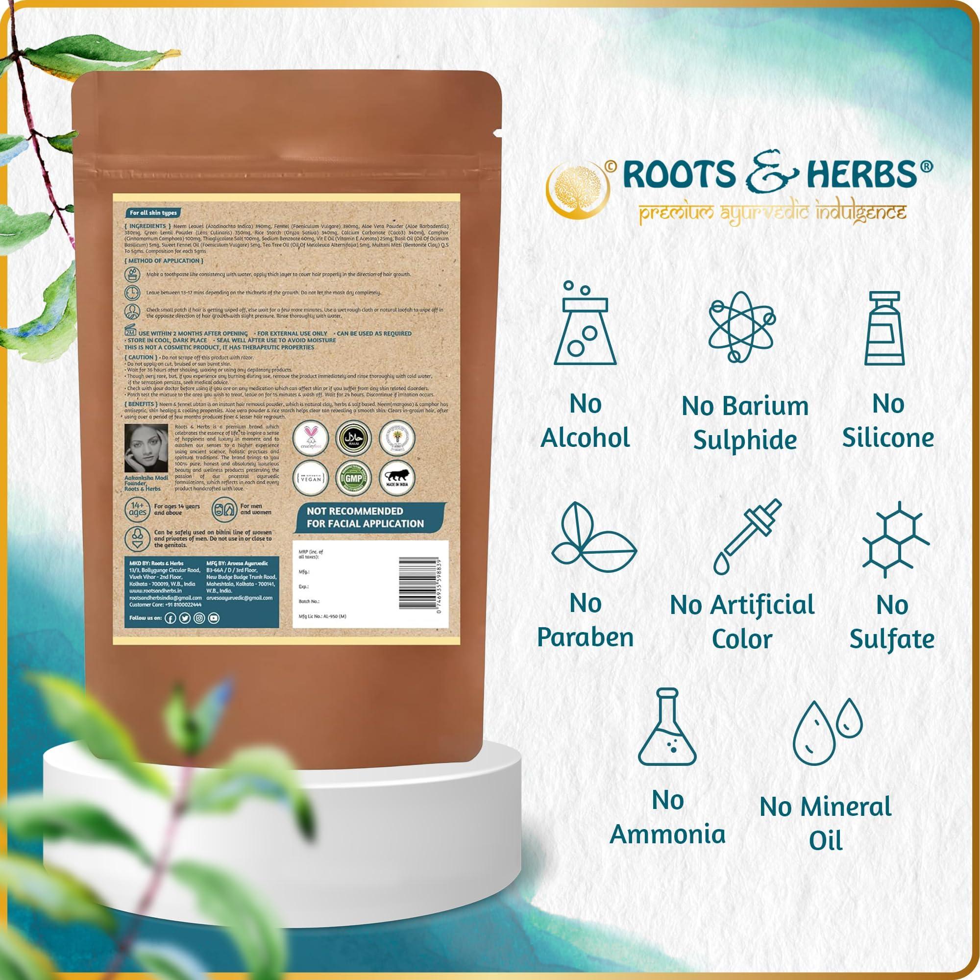 ROOTS AND HERBS ROOTS AND HERBS Vegan Hair Removal - Neem and Fennel Depilatory Mask - Men and Women's Facial Hair Removal for sensitive skin, Organic Hair remover, Pubic, Bikini, Leg Mask, Powder Waxing (2.47 Ounce)