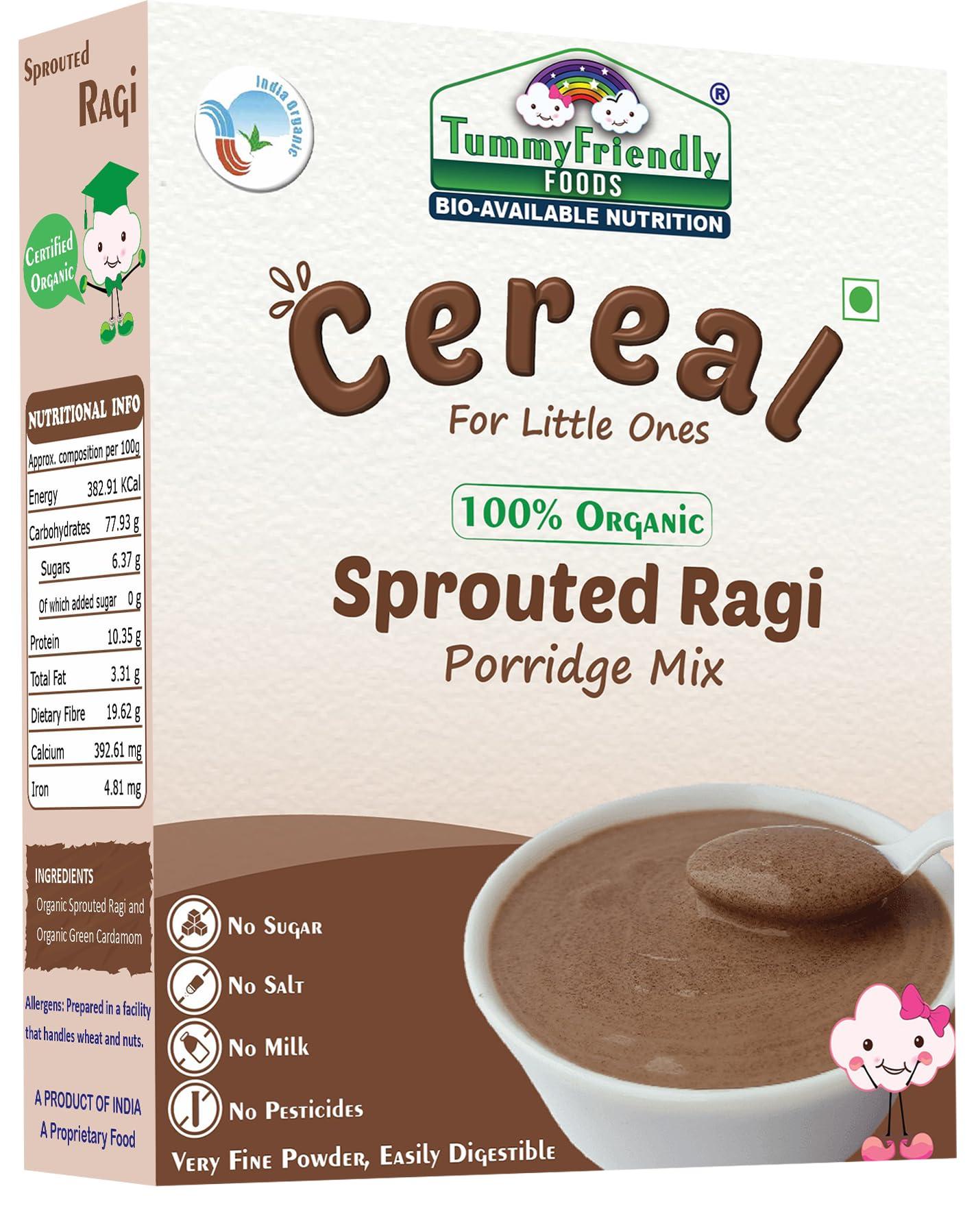 TUMMYFRIENDLY FOODS ; BIO-AVAILABLE NUTRITION TummyFriendly Foods Certified Organic Sprouted Ragi Flour For Little Ones. Made of Organic Sprouted Ragi Powder. Sprouted Ragi powder, rich in Calcium, Iron, Fibre & Micro-Nutrients. No Sugar, No Salt, No Milk, No Chemicals, No Pesticides. Ragi Sari