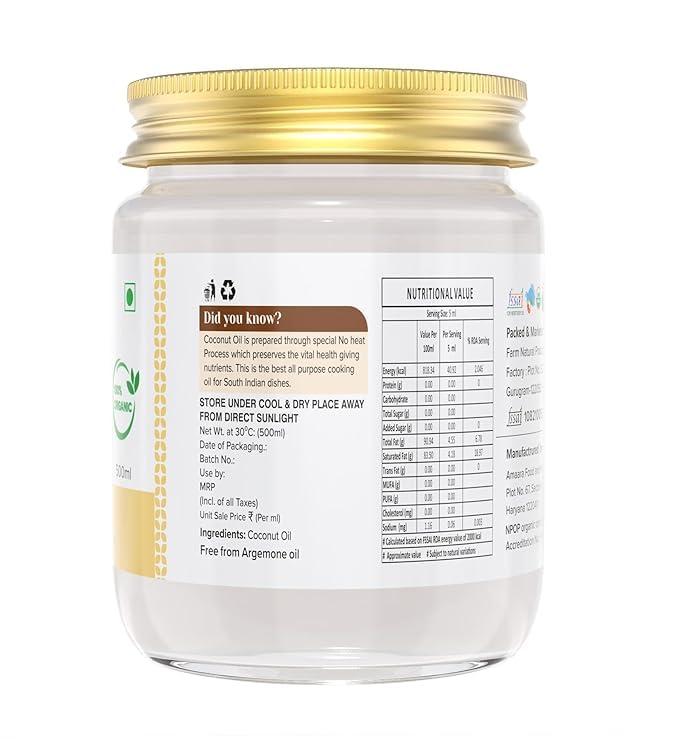 Farm Naturelle Farm Naturelle -100% Pure Organic Extra-Virgin Cold Pressed Coconut Oil 550ml | Aroma for Cooking & Healthy Skin and Hair | 100% Vegan (Glass Bottle -550ml)