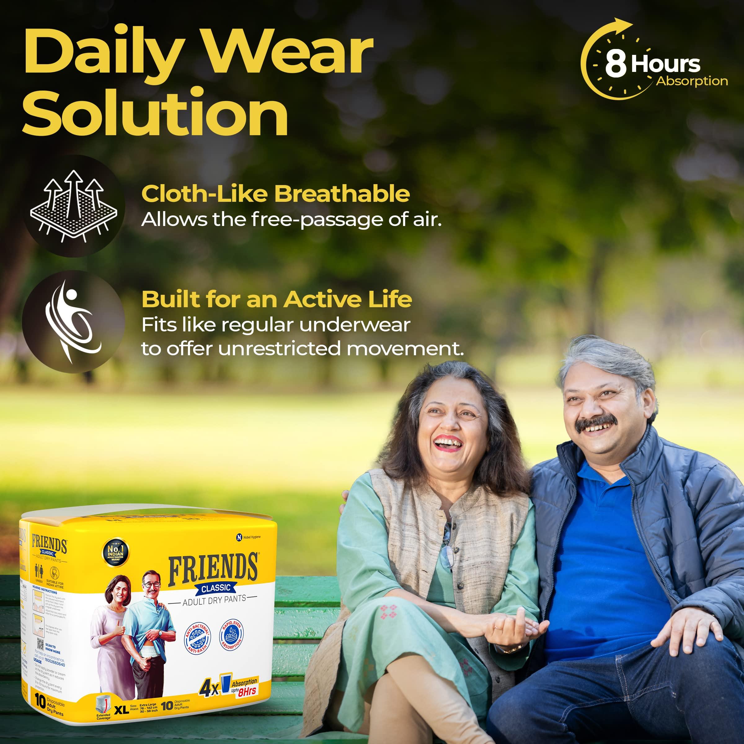 Friends Friends Classic Adult Diapers Pants Style -80 Count (Extra Large) with odour lock and Anti-Bacterial Absorbent Core- Waist Size 30-56 inch ; 76-142cm