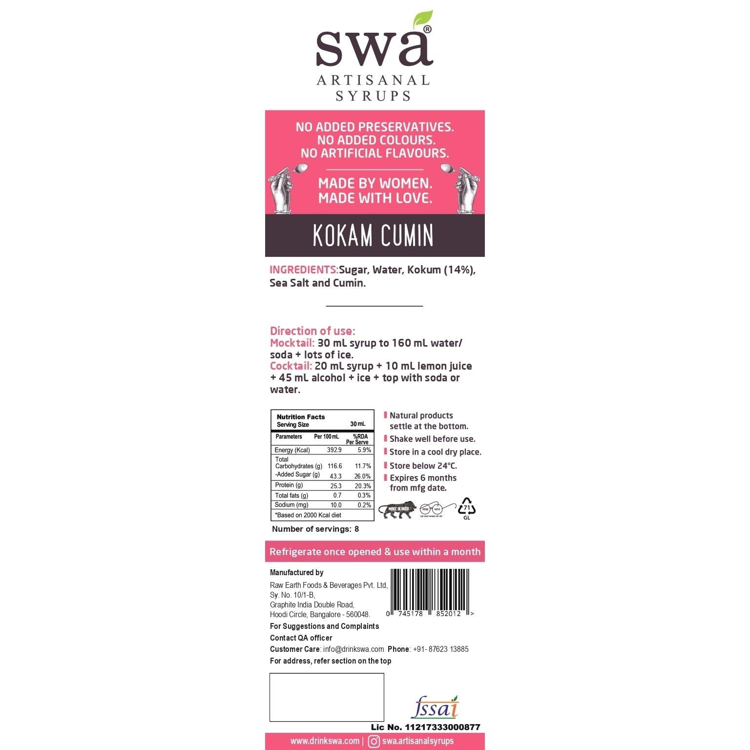 Swa Artisanal Syrups Swa Artisanal Syrups - Kokam Cumin, 100% Natural, Pack of 2, Makes 24-30 Drinks, Syrup for Cocktails / Mocktails / Craft Coffees (250ml x 2)