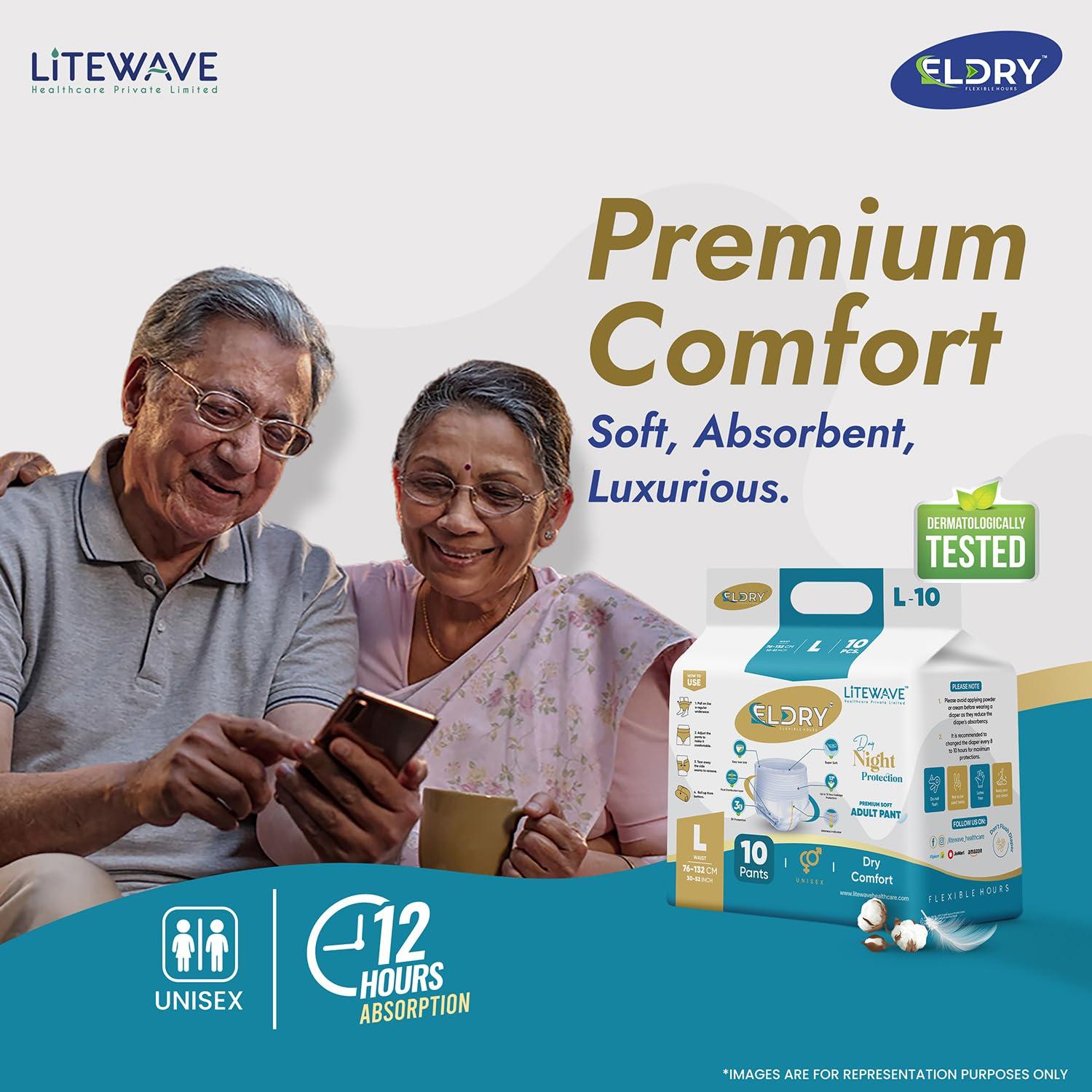 ELDRY ELDRY Unisex | Premium Soft Adult Pant Style Diapers | 60 Counts | Large (L) Size 76-132Cm (30\'\'-52\'\' Inch) | Leakproof, Wetness Indicator, 12 hrs Overnight Protection | (Pack of 6)