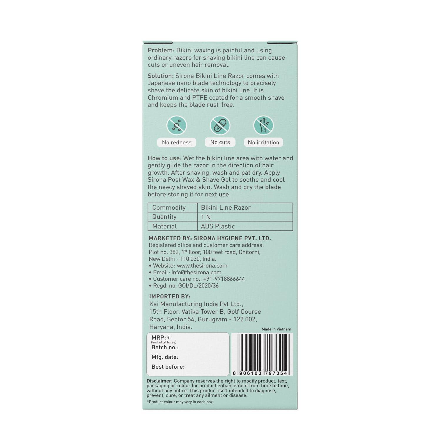 Sirona Sirona Bikini Razor for Women | Japanese Precision Shave, Nono-Blade Technology | For Irritation Free Shaving for Bikini Line | Chromium & PTFE-Coated | No Cuts | Safe & Hygiene Pack of 1