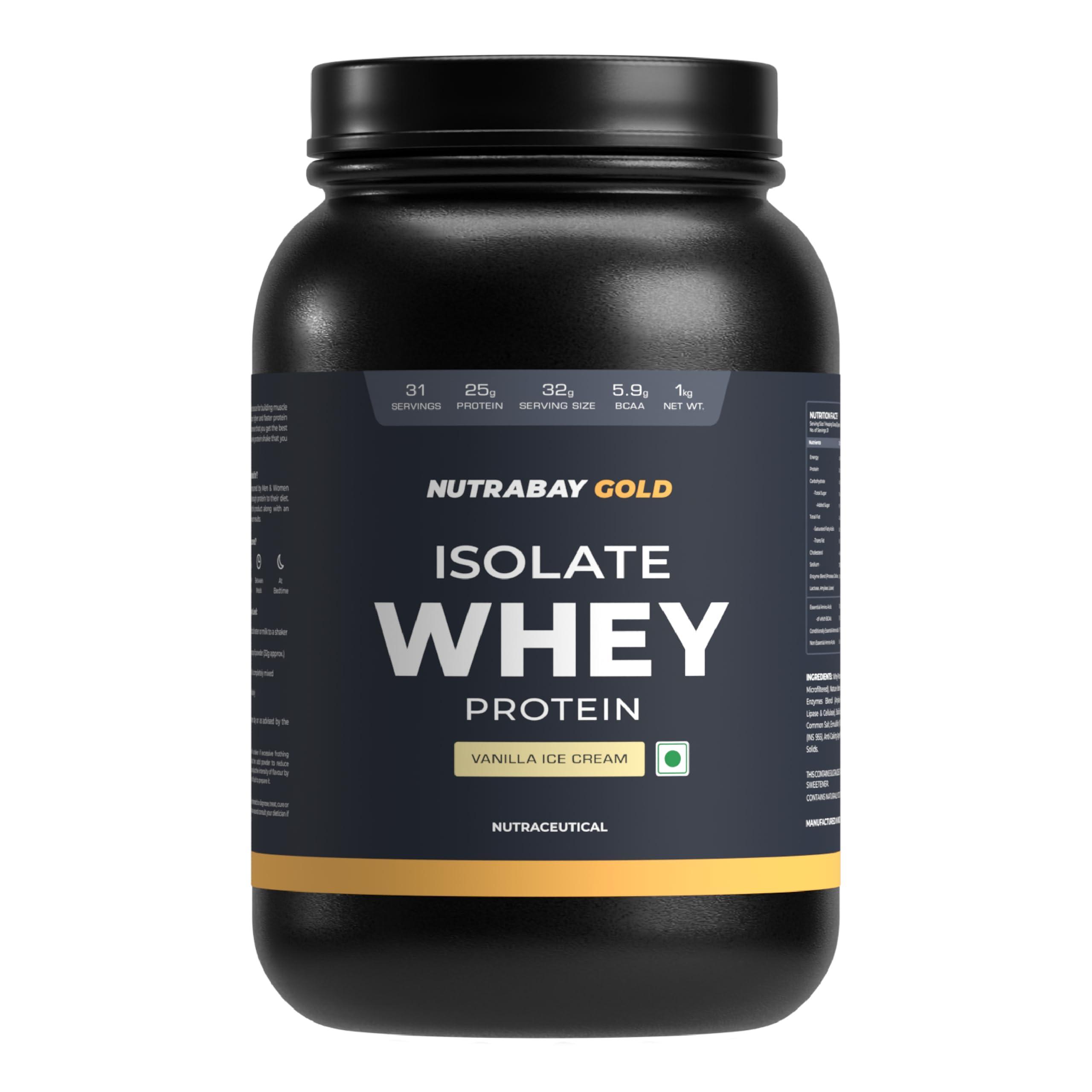 Nutrabay Nutrabay Gold Whey Protein Isolate Powder - 1kg, Vanilla Ice Cream | 25g Protein, 5.9g BCAA | Easy to Digest | NABL Lab Tested | Muscle Growth & Recovery | Rich in Glutamic Acid | For Men & Women