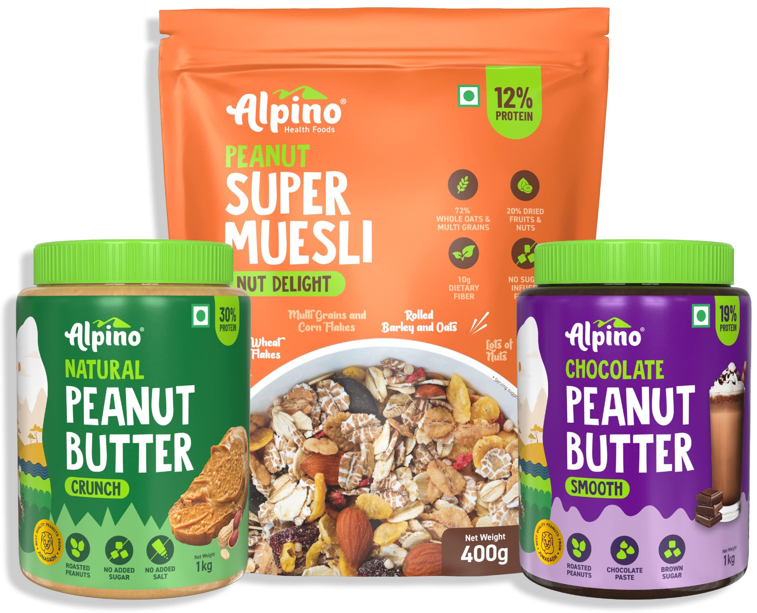 Alpino ALPINO High Protein Diet Super Combo - Natural Peanut Butter Crunch 1kg, Super Muesli Nut Delight 400g, Chocolate Peanut Butter Smooth 1kg