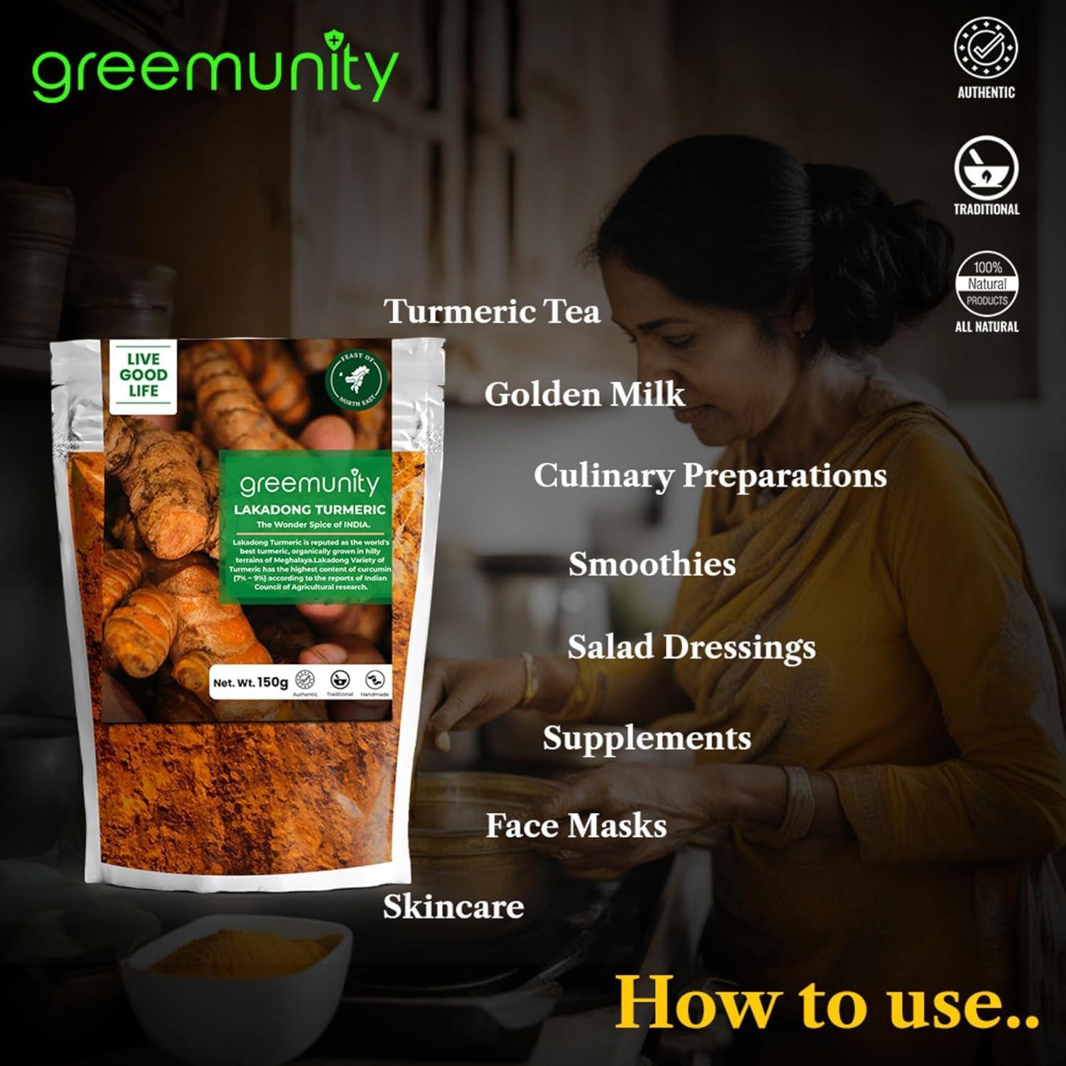 GREEMUNITY GREEMUNITY | Lakadong Turmeric 300 gms (150gms each X 2) Pack of 2 | From Jantia Hills, Meghalaya | Premium Lakadong Haldi Powder | Circumin Value 9% ~11% | High Circumin Turmeric | Organic Turmeric Powder