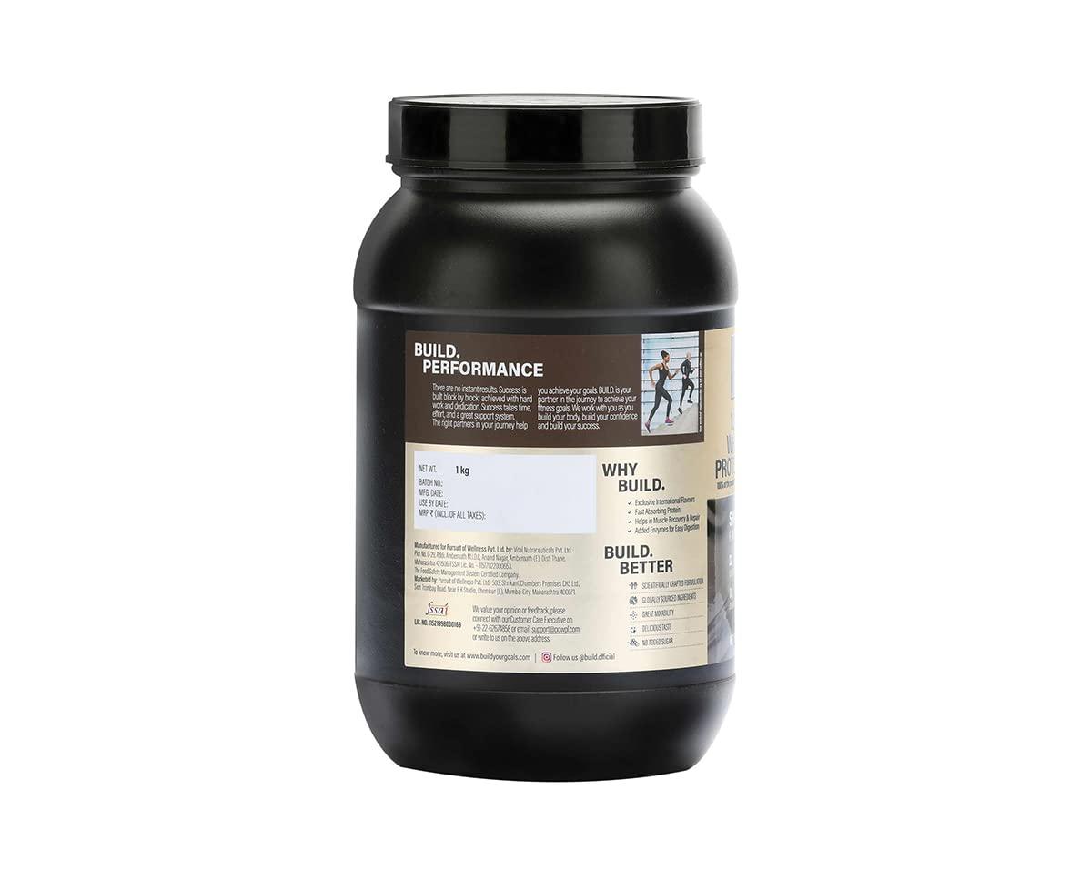 BUILD BUILD. 100% Whey Swiss Chocolate Flavor-1 kg | 24 gms Whey Protein Concentrate | Primary Source Whey Isolate| 5.5 gms of BCAA| Enzymes Added for Better Digestion| No Sugar| Muscle Building & Recovery