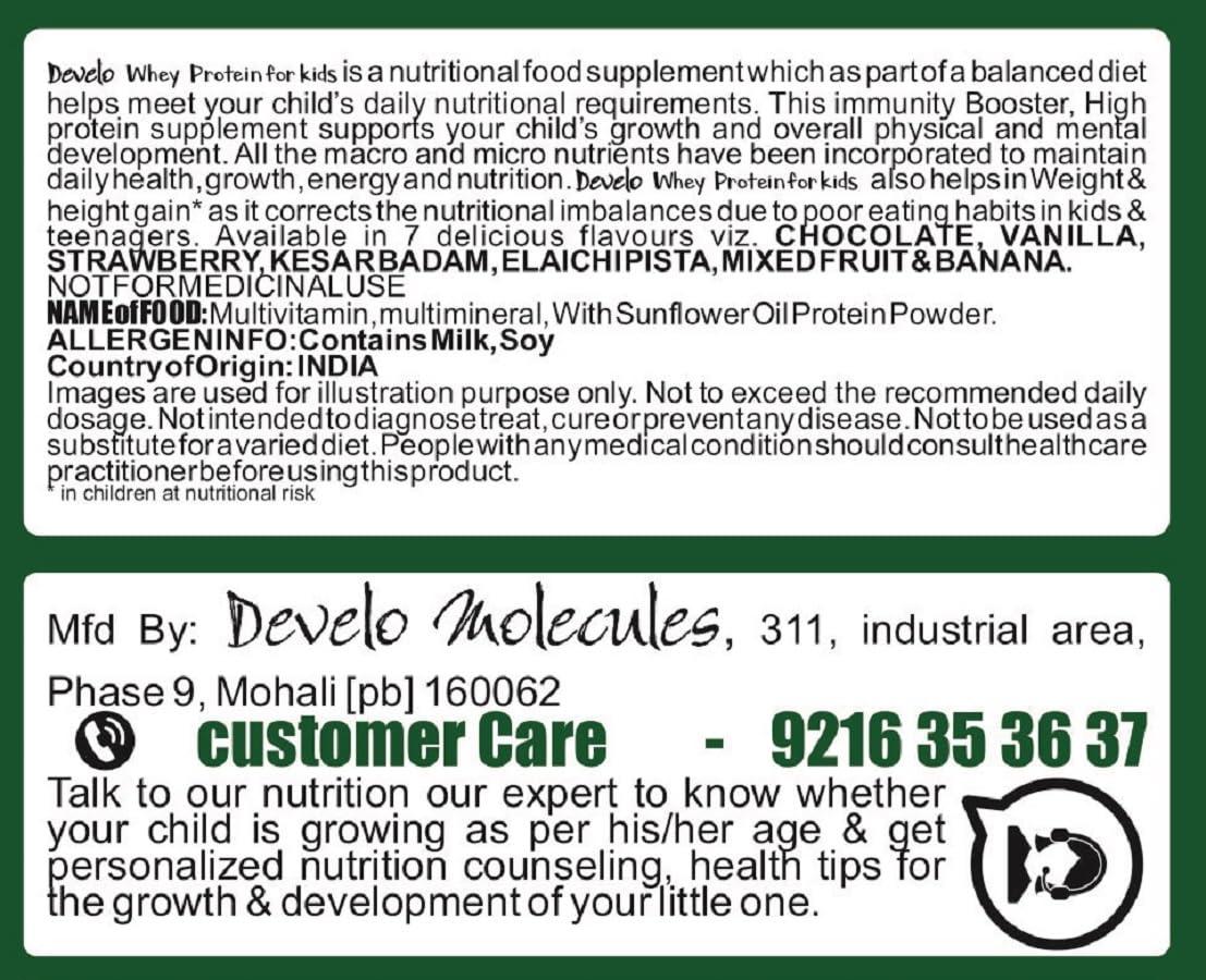 DEVELO Develo Whey Protein Powder for Little Kids, 2-12 years, Adolescent Children & Teenager Boys & Girls - 500g kesar Badam Flavour