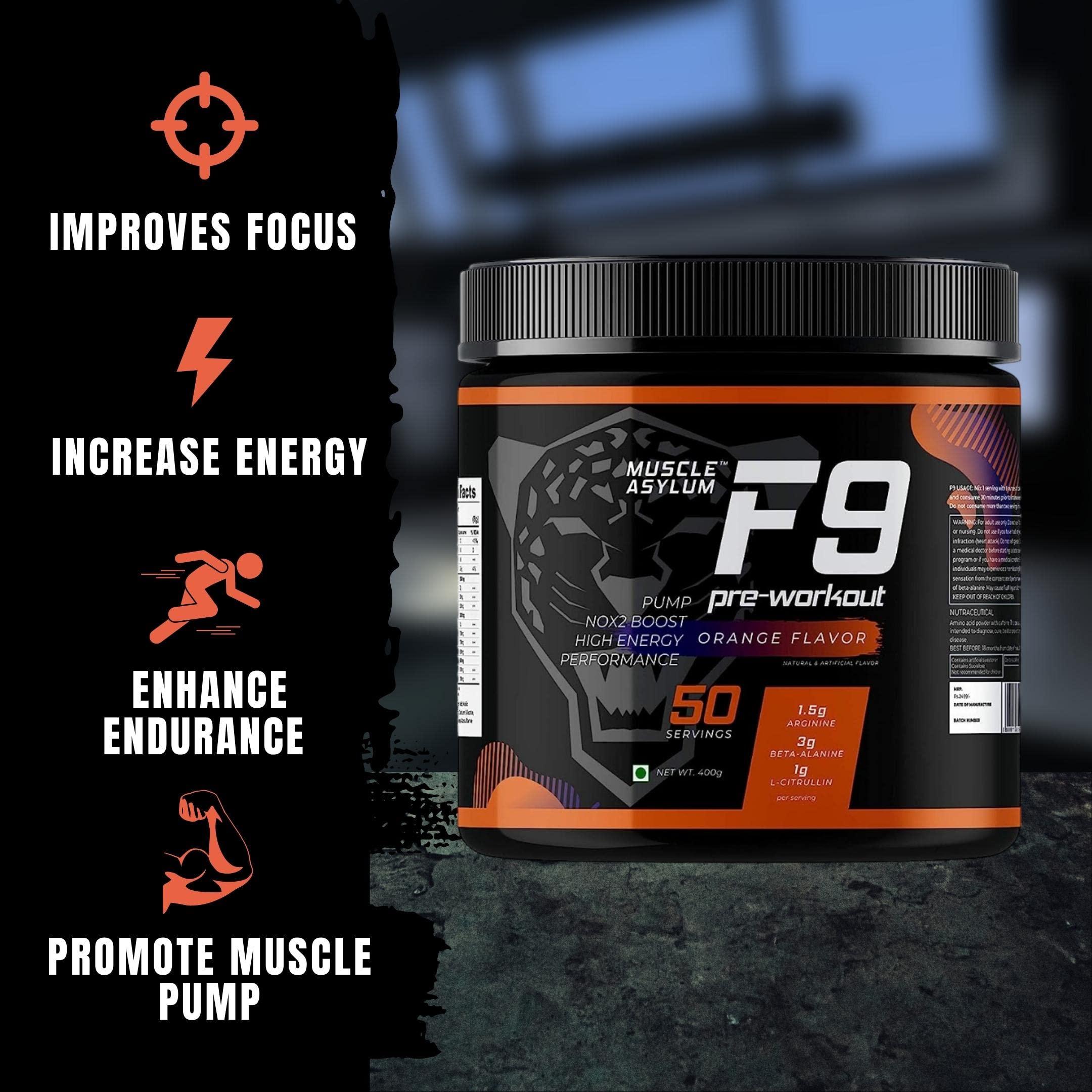 Muscle Asylum Muscle Asylum F9 Pre-Workout - 50 Servings, 400gm (Orange Flavor) | Boosts Energy & Endurance | Improves Focus