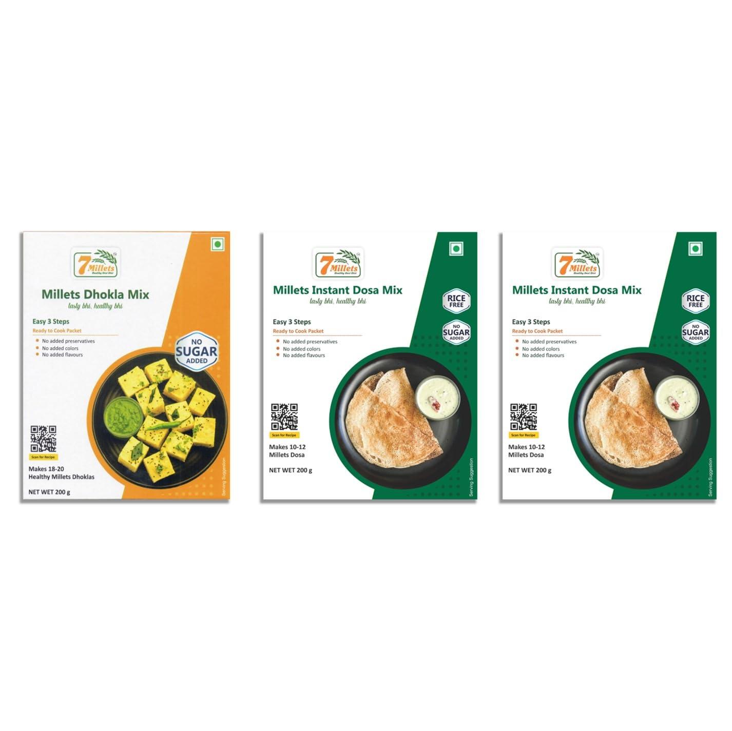 7Millets 7Millets Dhokla (200g x 1 Pack) and Dosa (200g x 2 Pack) - Ready to Cook Premix