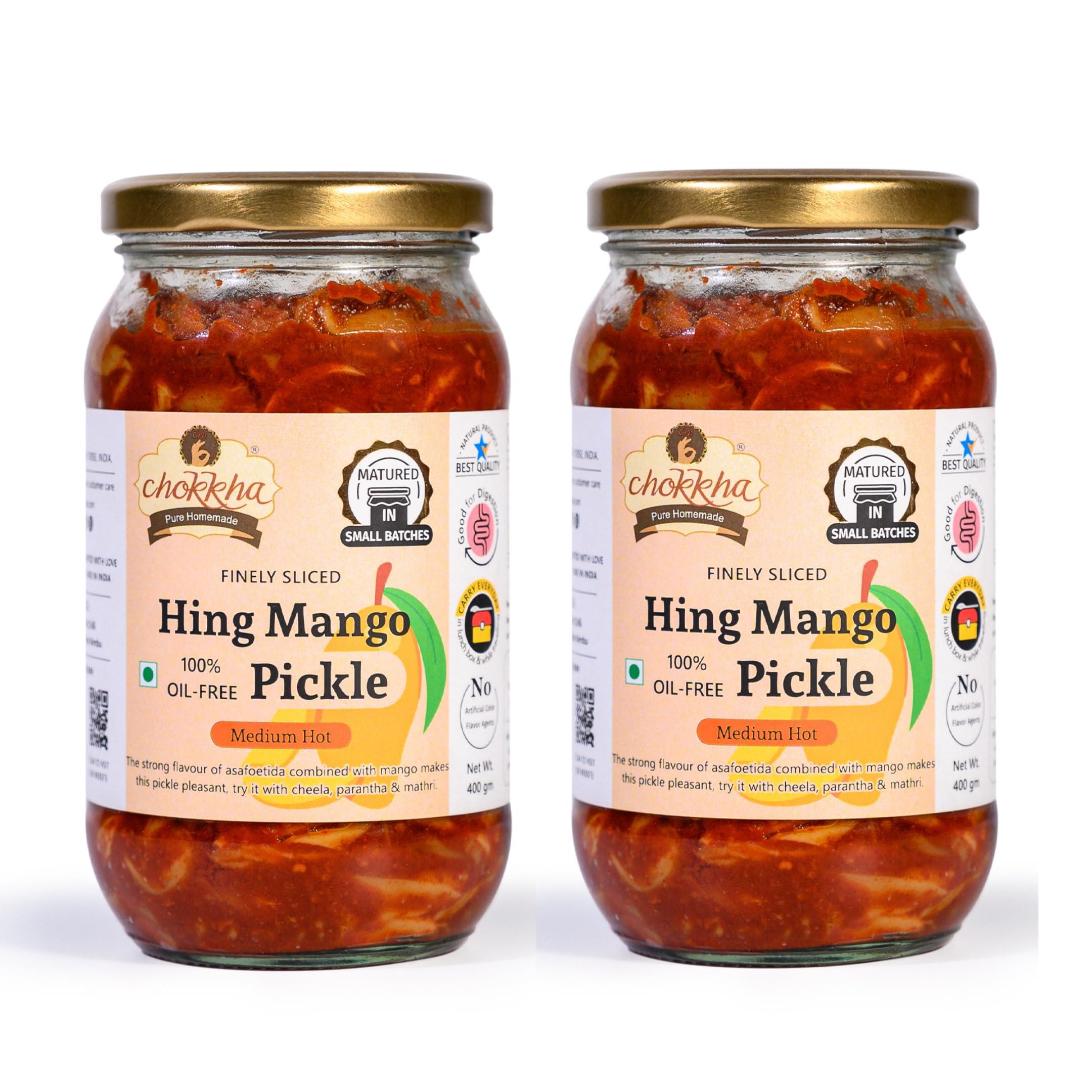 Chokkha Chokkha Traditional Homemeade Hing Mango Pickle (Hing Aam) | No colour Added | Vegan | 100% Oil-Free | Combo of 2| 200 Gm Each