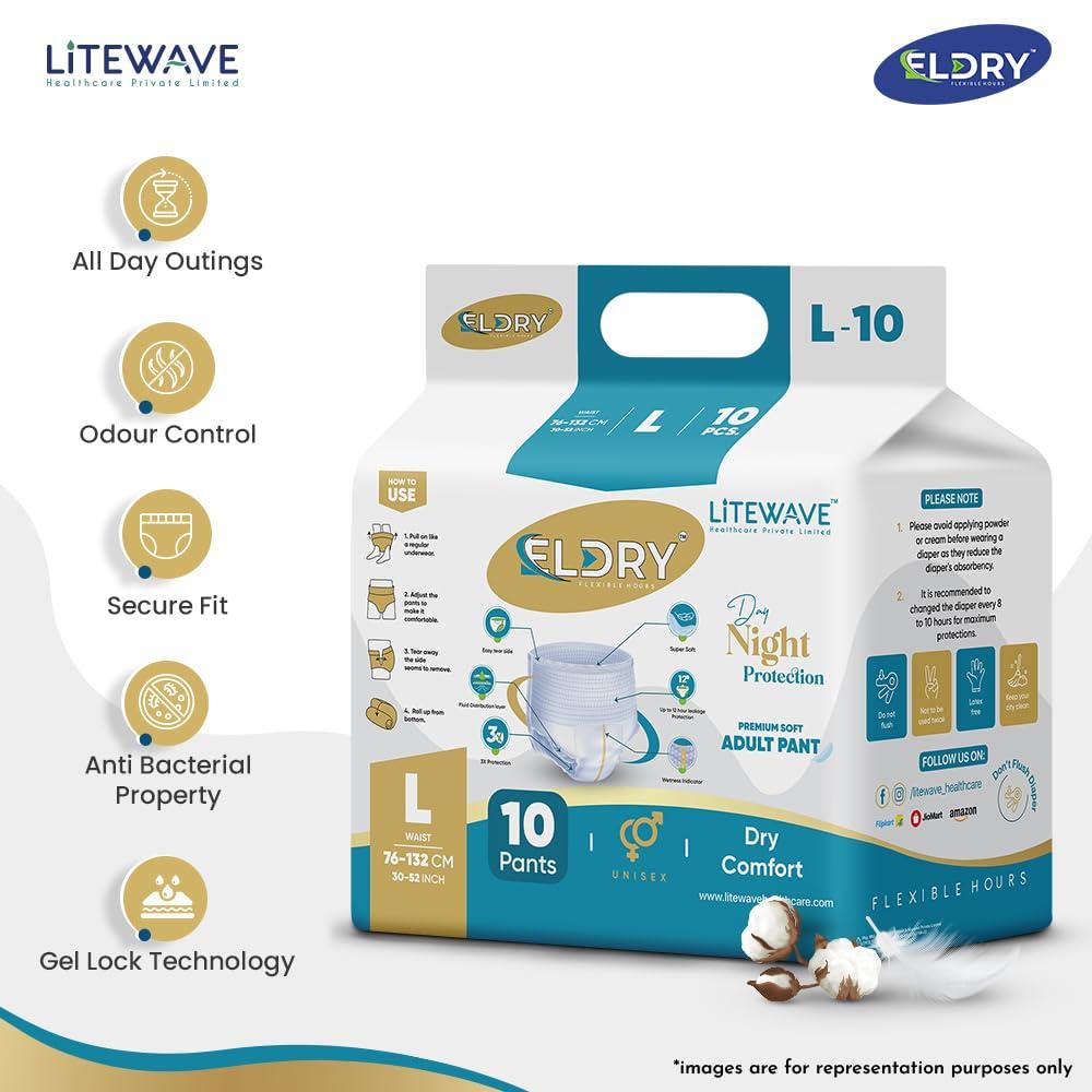 ELDRY ELDRY Unisex | Premium Soft Adult Pant Style Diapers | 10 Counts | Large (L) Size 76-132Cm (30\'\'-52\'\' Inch) | Leakproof, Wetness Indicator, 12 hrs Overnight Protection | (Pack of 1)