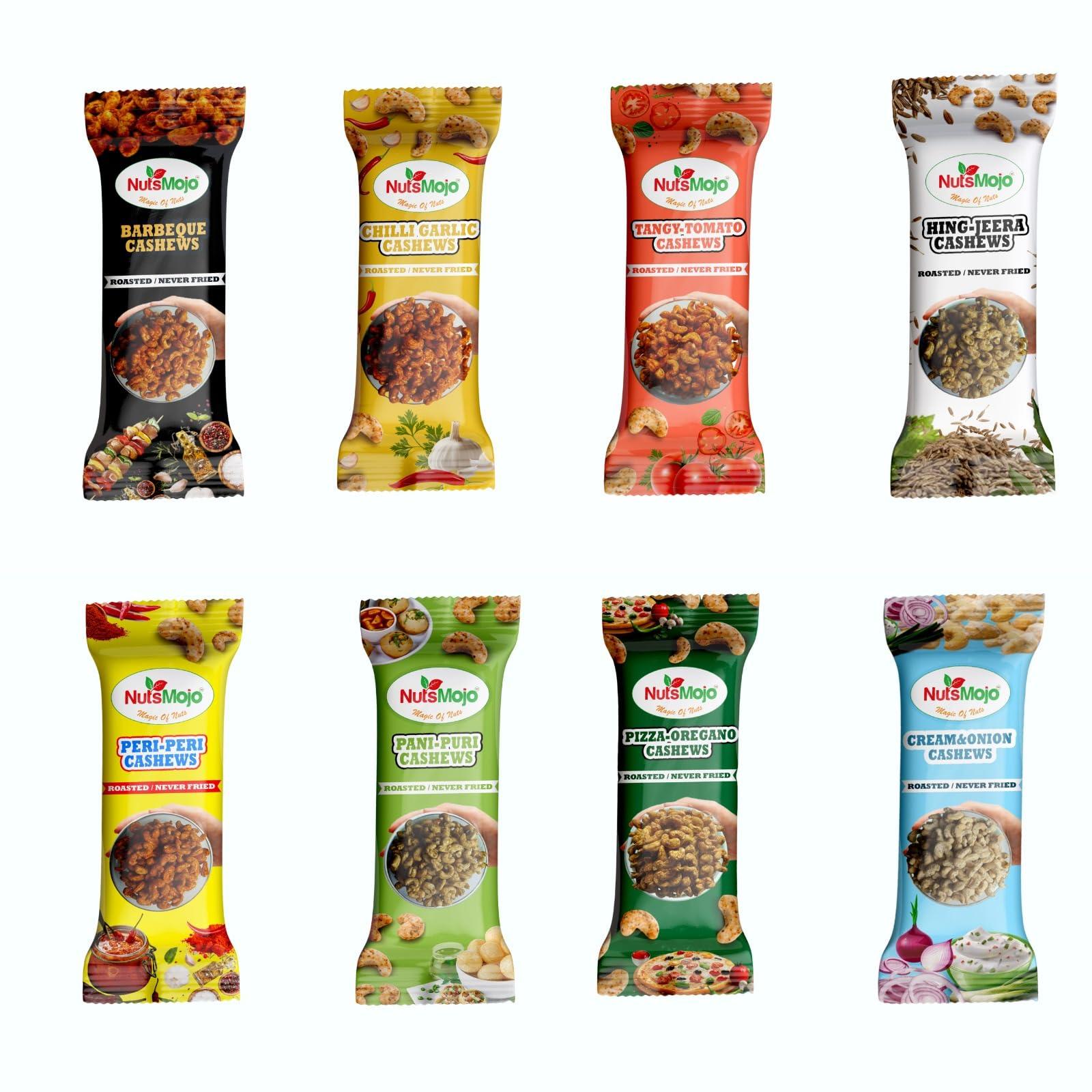 NutsMojo NutsMojo 8 Flavour Cashew Packets | Pack of 8 | Barbecue, Peri - Peri, Hing jeera, Pani - Puri, Chilli Garlic, Cream & Onion, Tangy Tomato, Pizza Oregano | Offer Pack