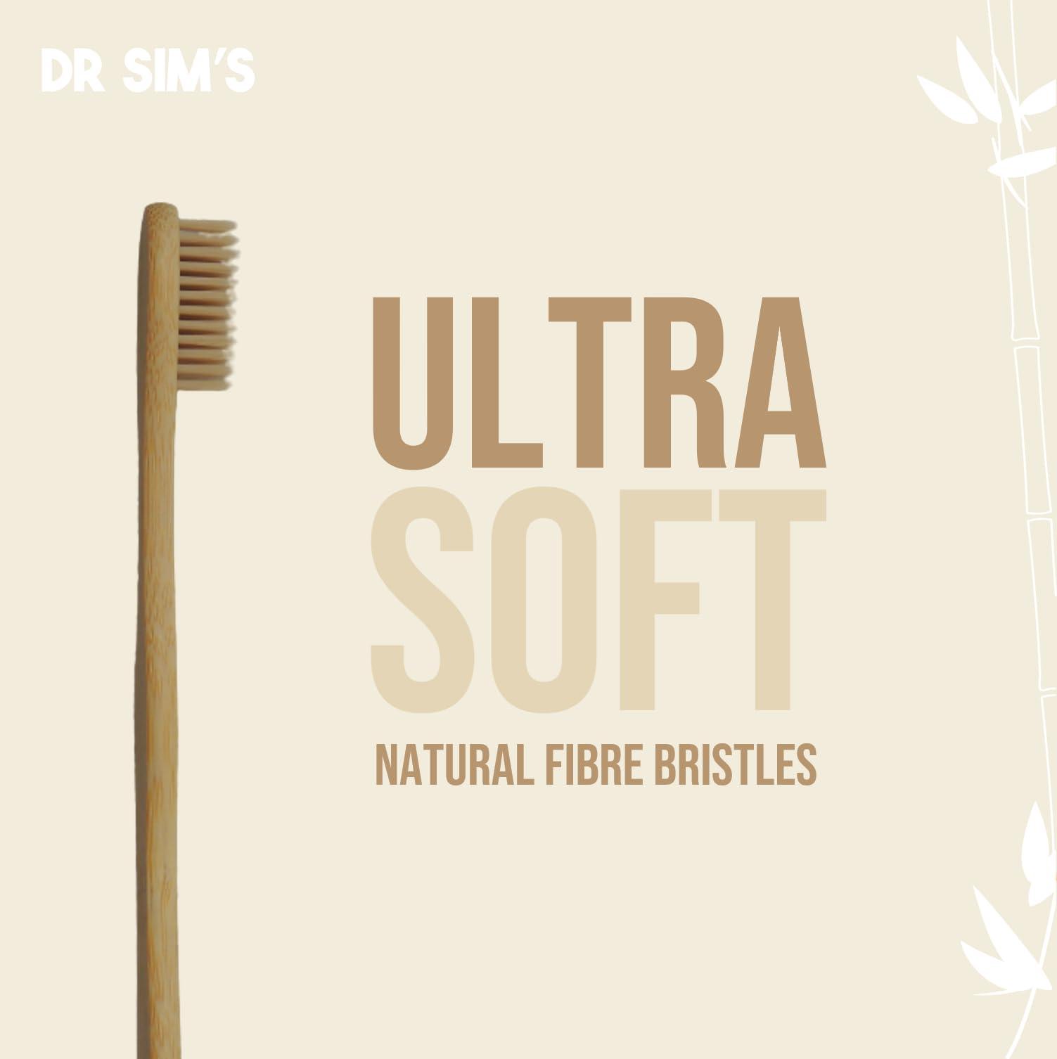Dr Sim\'s Dr Sim\'s Bamboo Toothbrush | Pack of 4 | 1 Soft Charcoal Black & 1 Ultra-Soft Natural Fibre Beige Bristles for Adults and 2 Colorful Soft Bristles for Kids | Non-Toxic, Sustainable, Vegan, Anti-Microbial