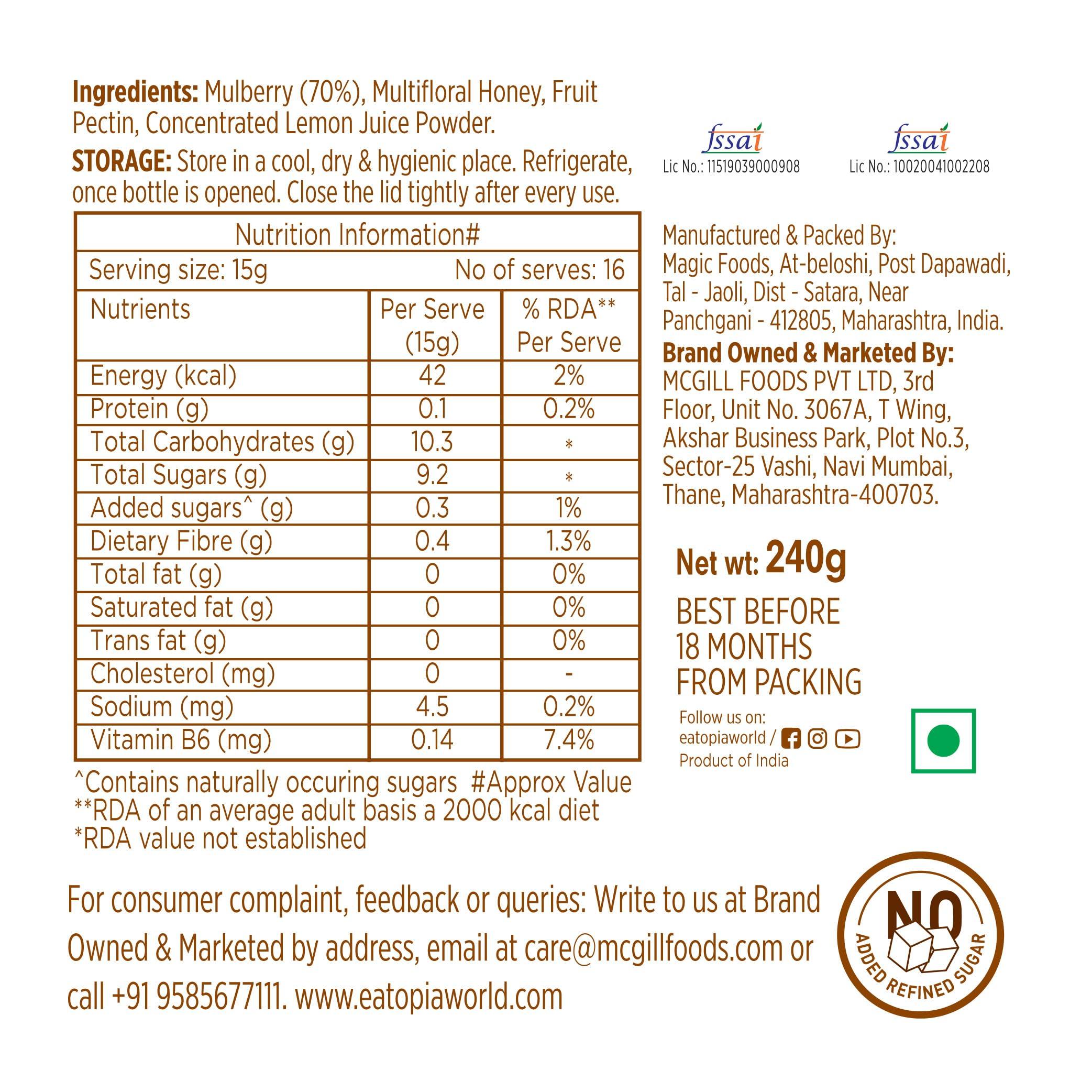 Eatopia Eatopia Mulberry Honey Jam | Sugar Free | 100% Pure & Natural | No Preservatives | No Added Colours & Flavours | 70% Mulberries & 30% Wild Honey | Healthy Good for Gut Health | Pack of 1-240g