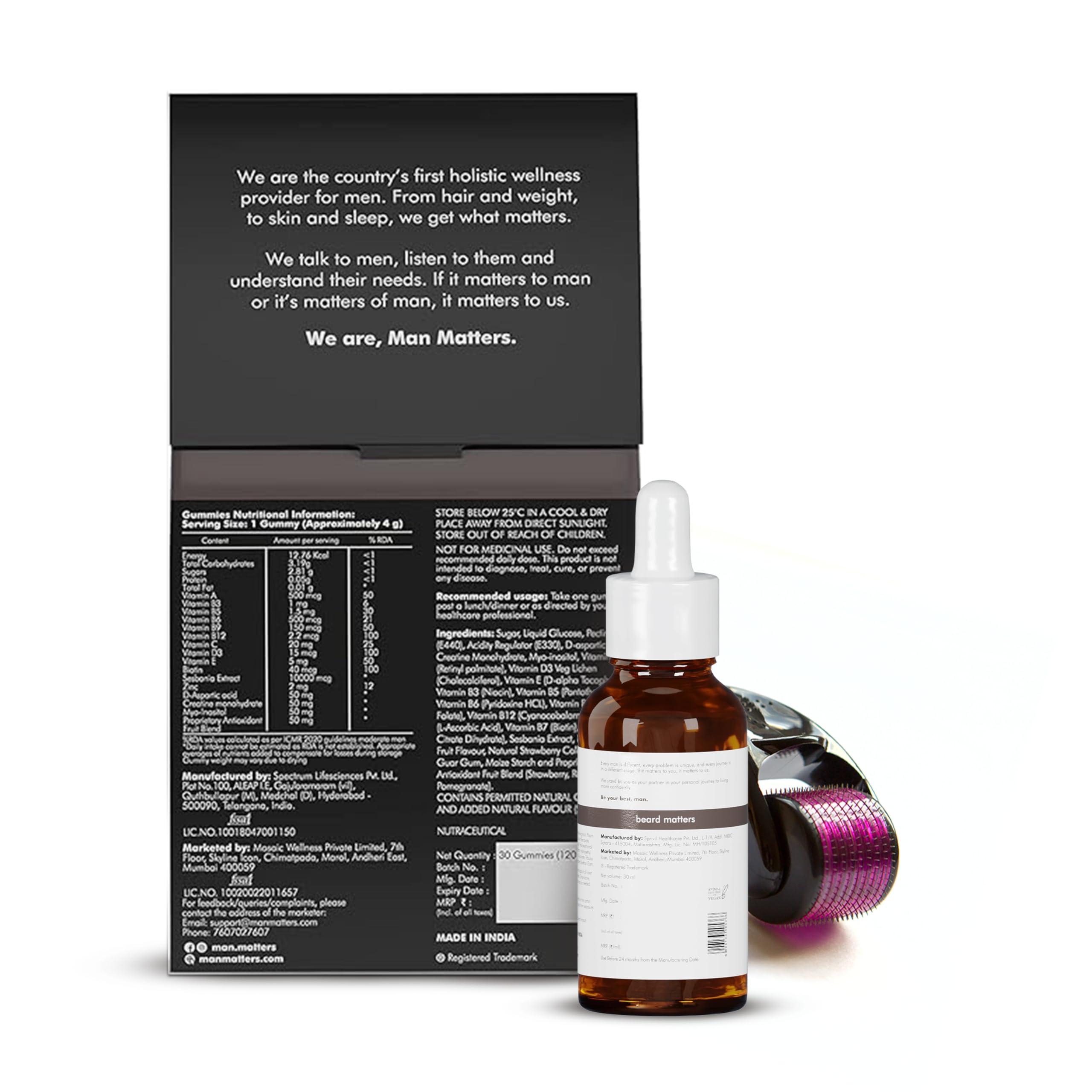 Man Matters Man Matters Ultimate Beard Growth Kit With Beard Serum, Beard Gummies & Advance Derma Roller | With 4% Anagain, 1% Rosemary, Biotin | For Beard Growth & Nourishment | SLS & Alcohol Free, 100% Vegan