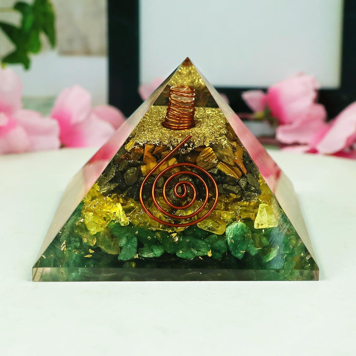 Crystu Crystu Wealth Pyrite Citrine Green Aventurine Tiger Eye Orgone Orgonite Pyramid Crystal Stone for Reiki Healing 70 mm Approx