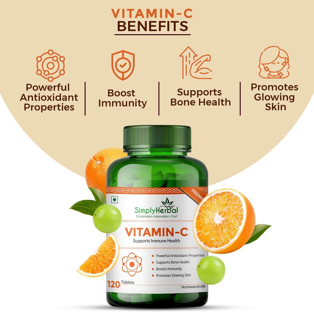 Simply Herbal Simply Herbal Vitamin C Tablets for Glowing Skin & Face, Support Immune Health, Natural Brightening, Supplement Promote Body Immunity & Overall Beauty Health for Men & Women - 120 Veg Tablets