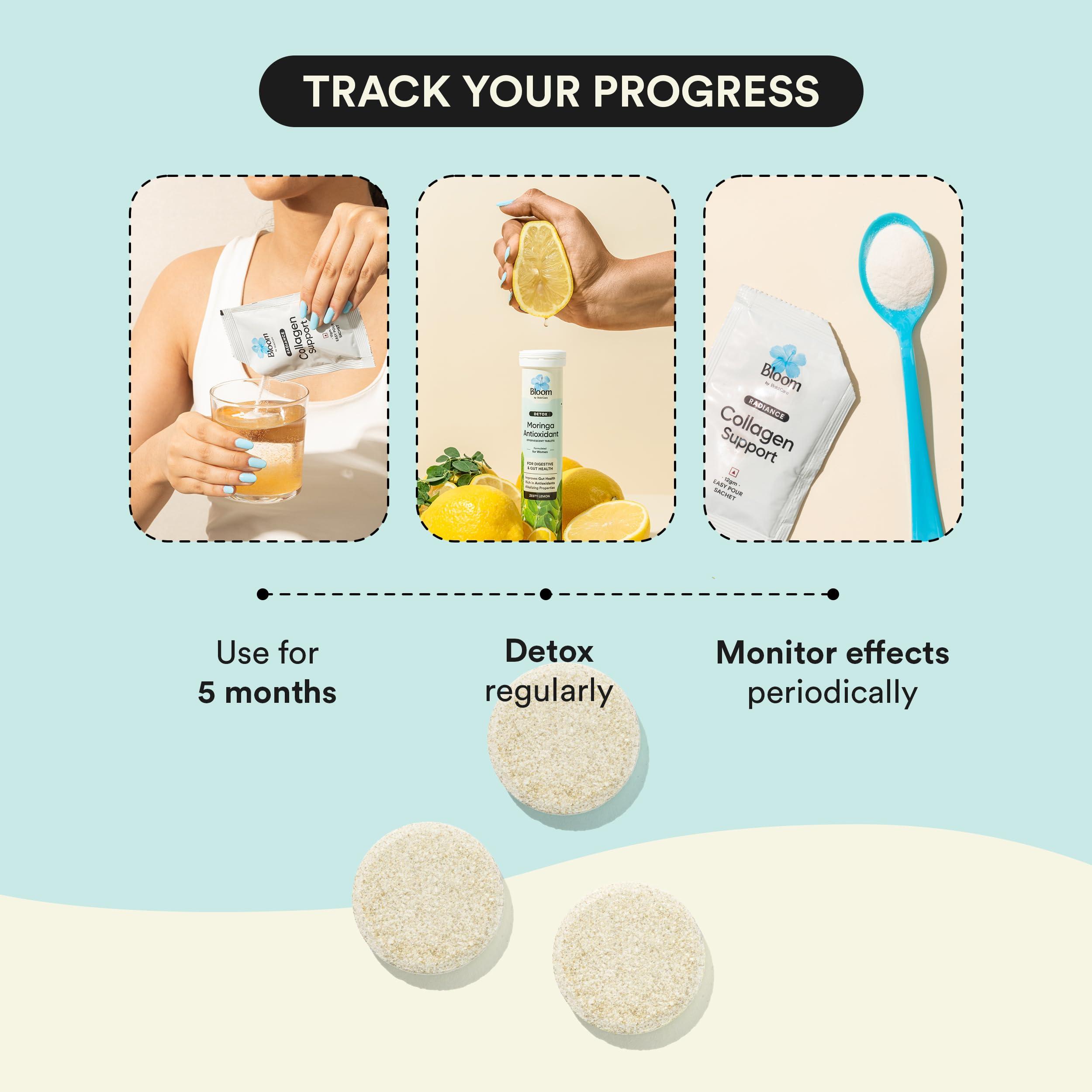 Bloom by Boldcare Bloom Moringa Antioxidants & Collagen+Antioxidants Combo | 20 Effervescent Tablets+30 Easy Pour Sachets | For Improved Digestion, Skin & Hair Health | Manages Inflammation & Wrinkles