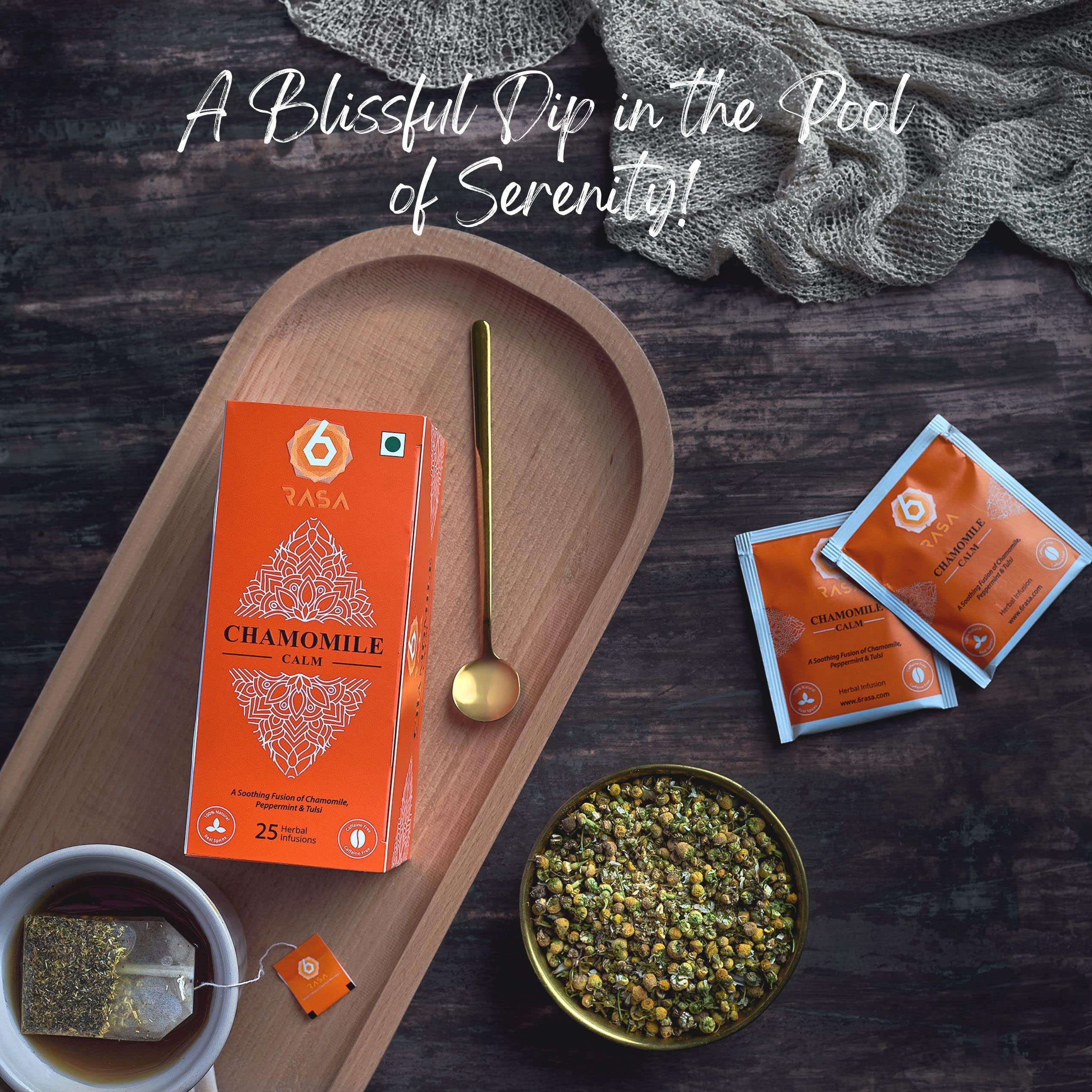 6rasa 6rasa Chamomile Calm Tea Bags With Mint, Tulsi | For Good Sleep And Stress Relief | 100% Natural Herbs & Spices | No Added Sugar (1.6 Gram Each, 25 Tea Bags) (Pack Of 1)