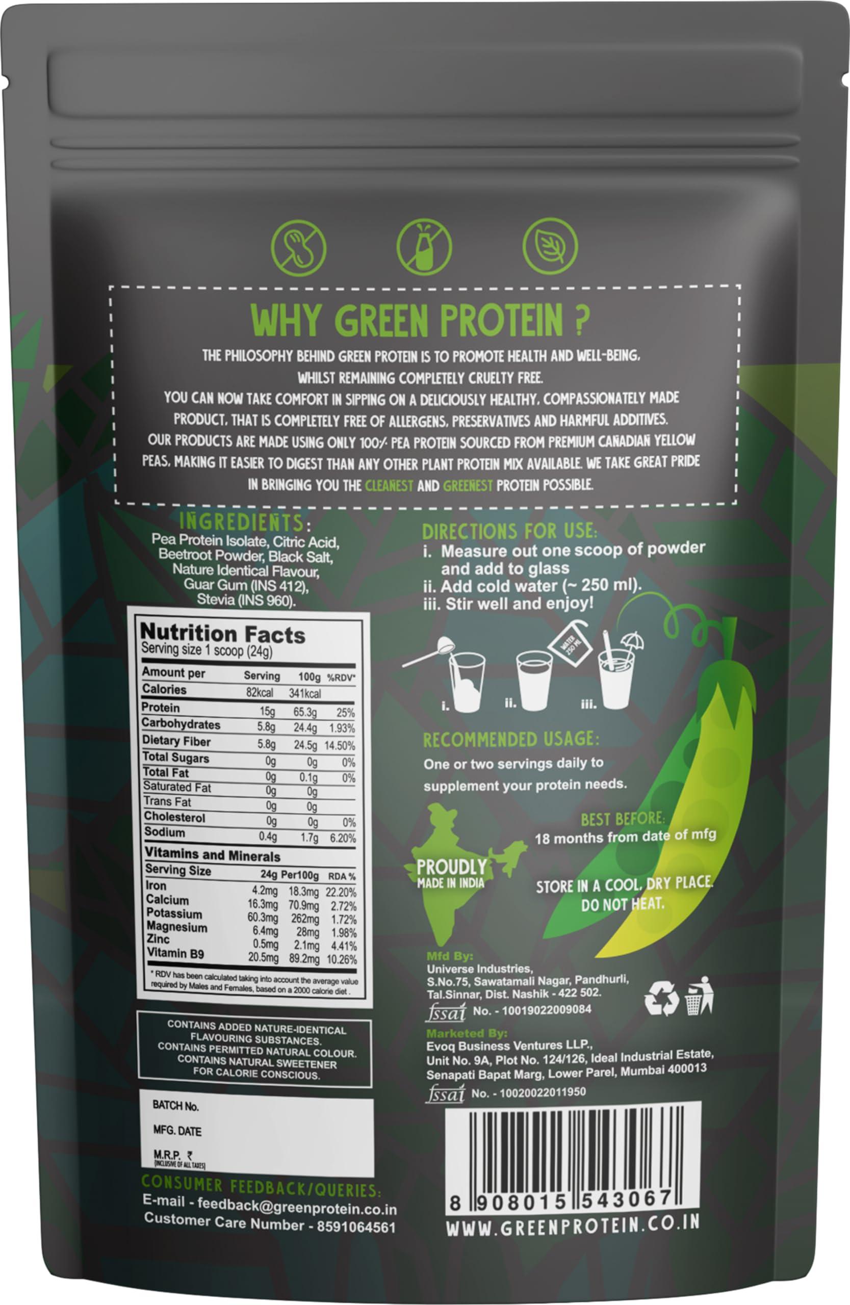Green Protein GREEN PROTEIN Pea Protein Isolate Powder, Vegan Plant Protein, No Added Sugar, 100% Vegan, Soy Free, Dairy Free, Gluten Free, Allergen Free, Berry Blast Flavor, 15g Protein Per Serving, Pouch (500g)