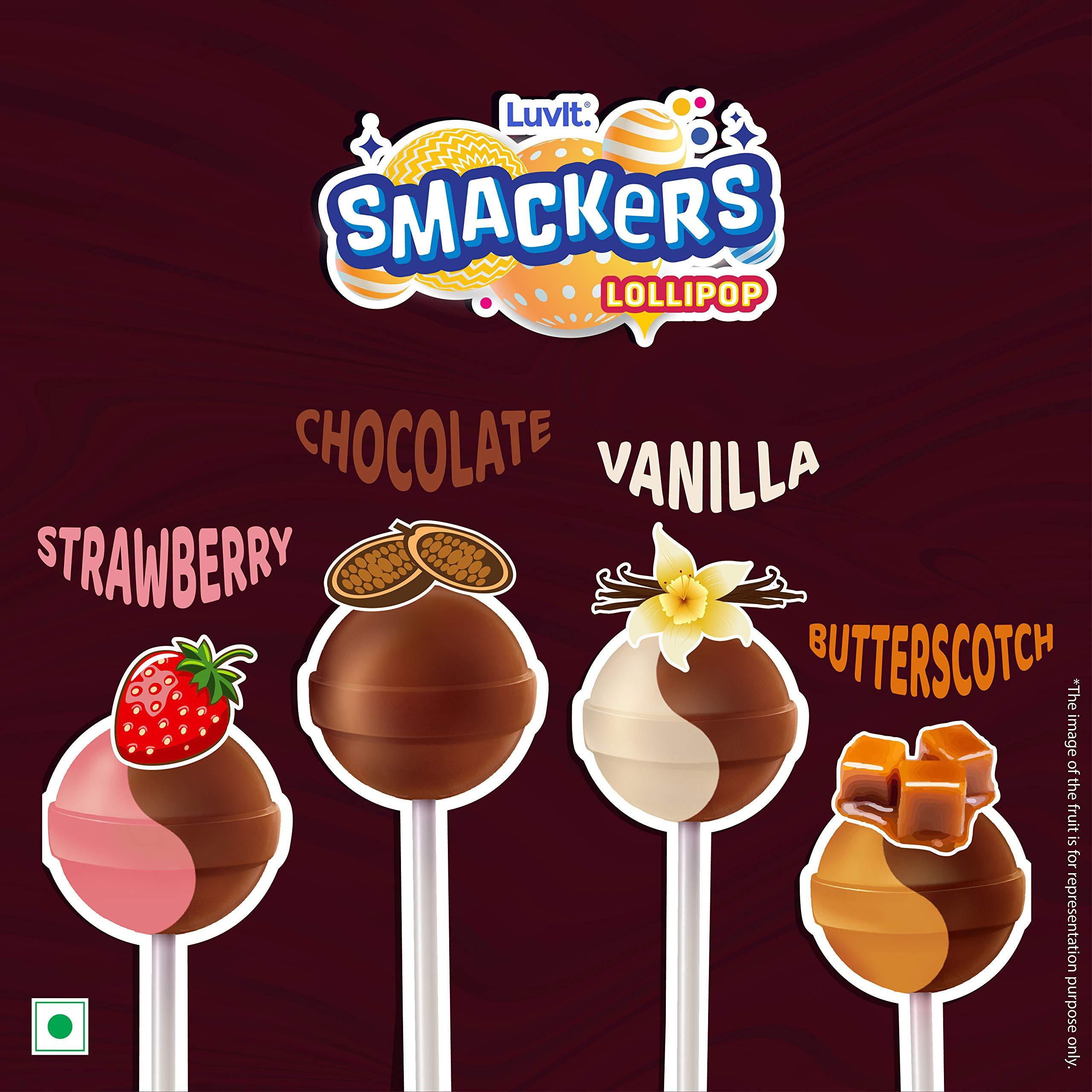 LuvIt. LuvIt Smackers Chocolate and Fruit Flavoured Lollipops | Combo Pack - 48 Lollipops | Pack of 6-96g Each