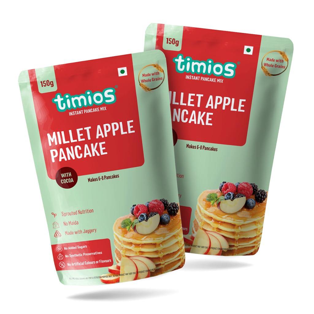 Timios Timios Organic No Maida Millet Pancake Mix-Apple with Cocoa| Made with Whole Grains, Jaggery and Sprouted Nutrition| Instant and Healthy Breakfast| 150 gm Each