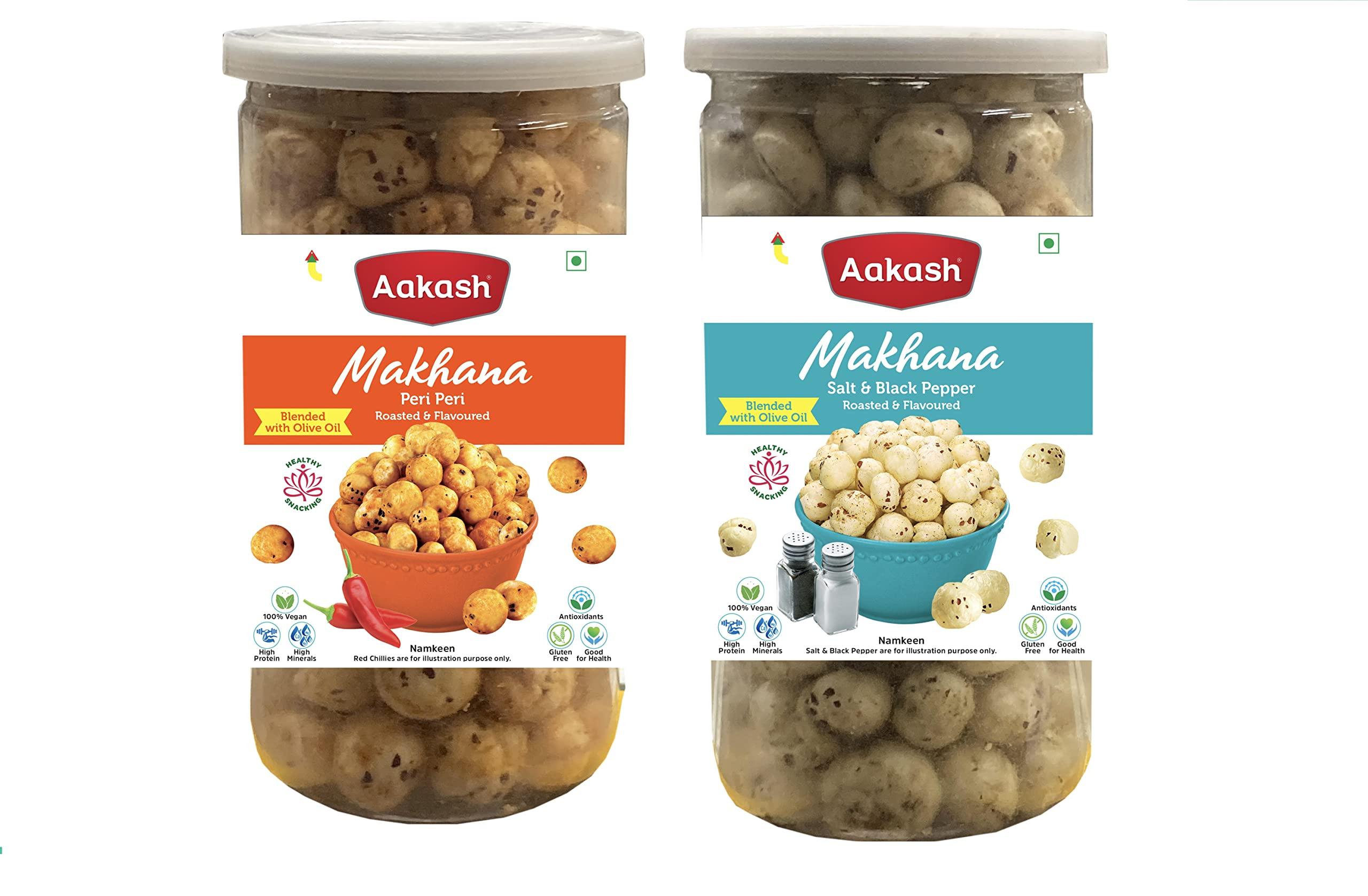 Aakash Namkeen Aakash Roasted & Flavored Makhana Combo- Salt & Black Pepper, & Peri Peri Makhana Jar | Cholesterol Free, Healthy Snacks | 160GM (Pack of 2, Each 80GM)