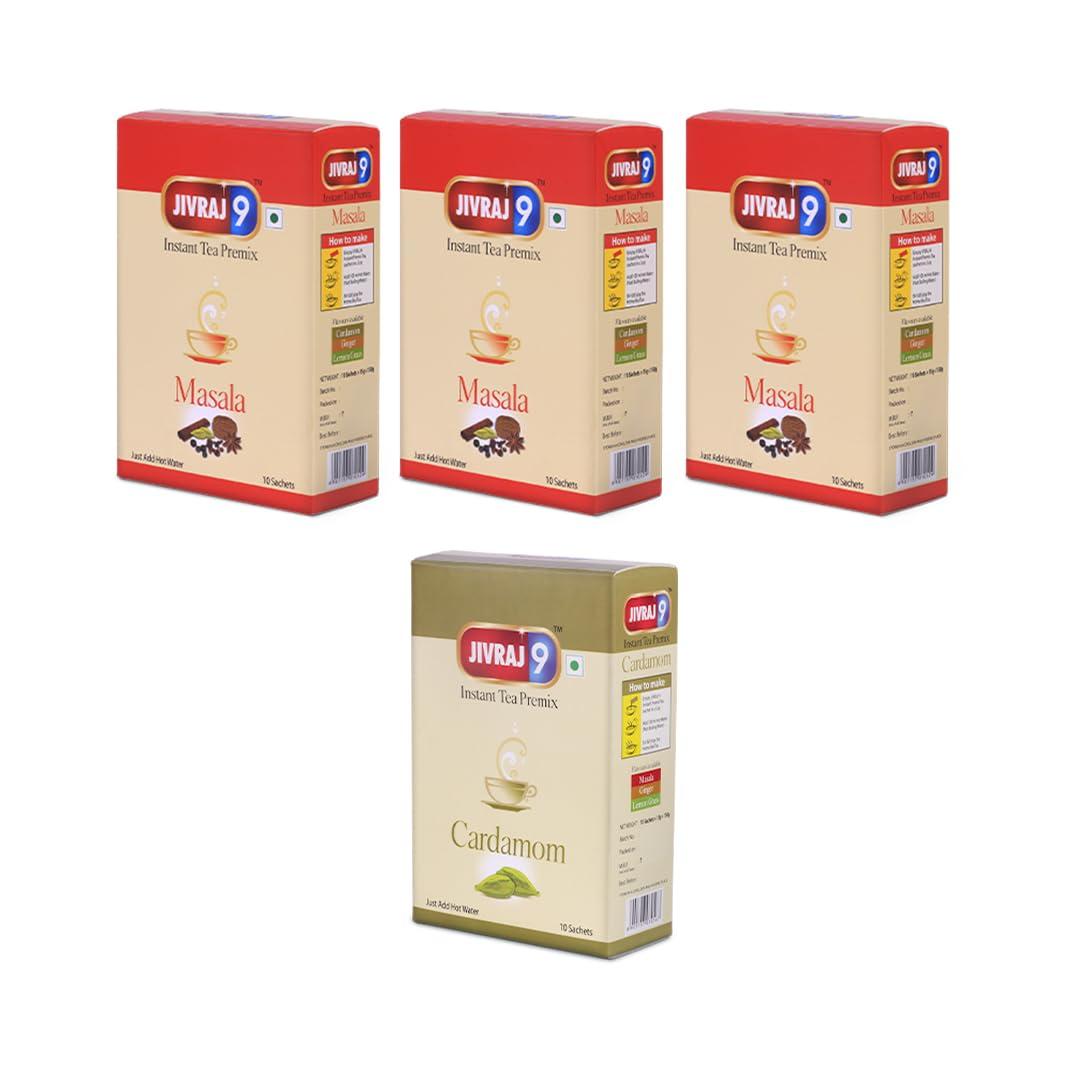 Jivraj 9 Jivraj 9 Combo Pack of Instant Tea Premix, Masala Instant Tea Premix (Pack of 3) & Cardamom Instant Tea Premix (Pack of 1), 10 Sachets Each, Pack 4
