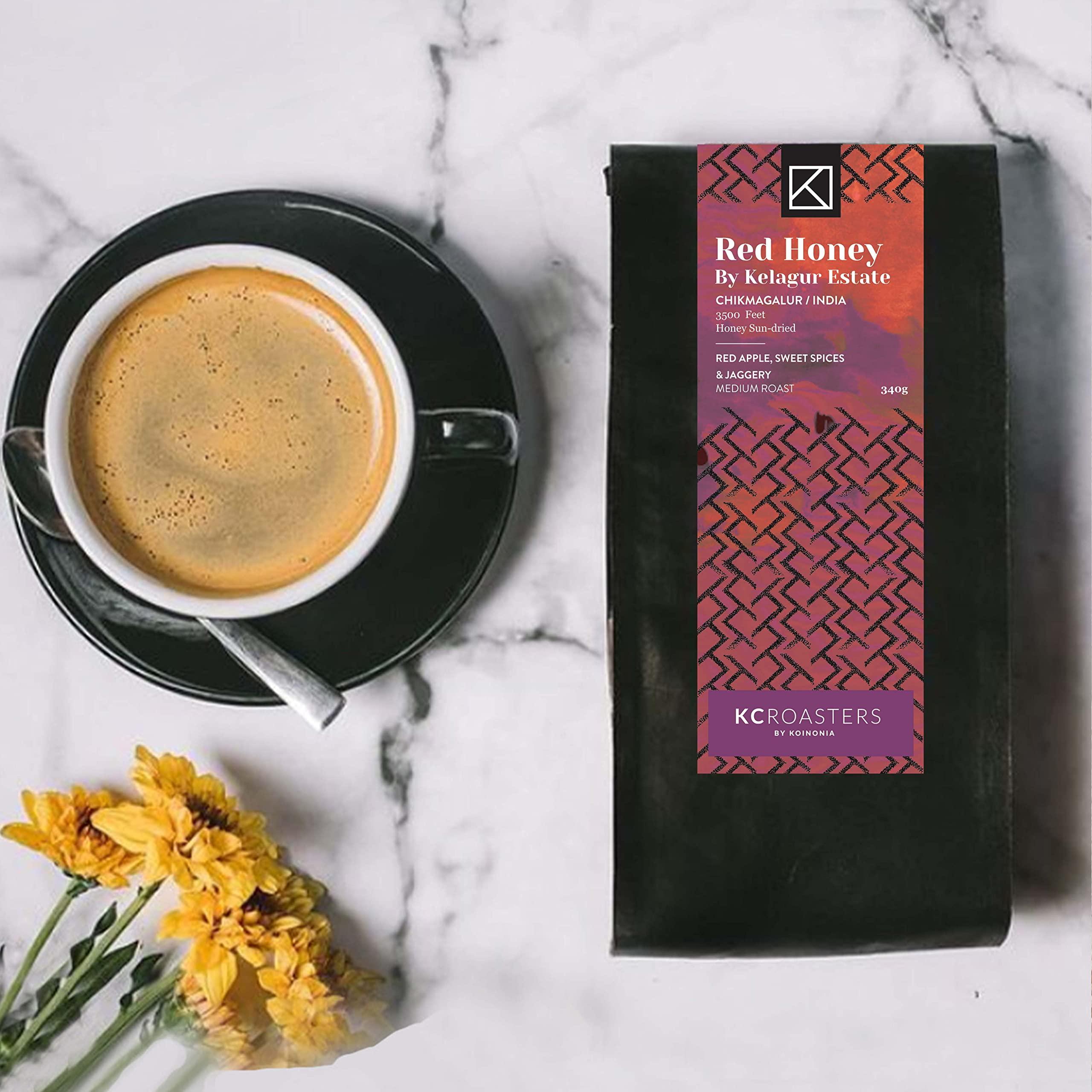 KCROASTERS KCROASTERS KOINONIA | Red Honey Coffee from Kelagur Estate, Chikmagalur 340 gm Medium Roast Arabica Coffee Beans - Roasted & Ground for Turkish|Packed in Biodegradable Bags