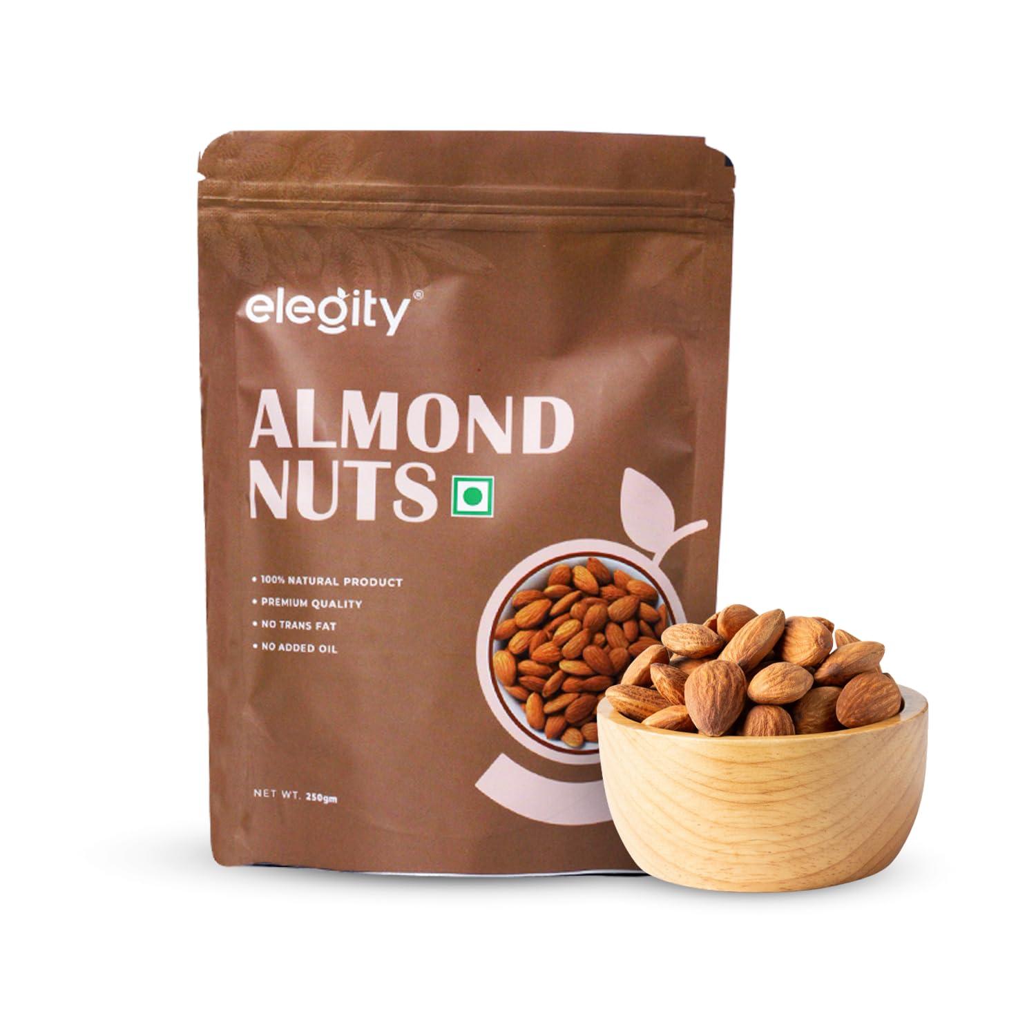 ELEGITY Elegity 100% Natural Plain California Almonds Pouch 250 gm | Nutritious & Delicious Badam | High in Fiber & Boost Immunity | Rich in Protein, Tasty Nuts | No Preservatives Added in Dry Fruit