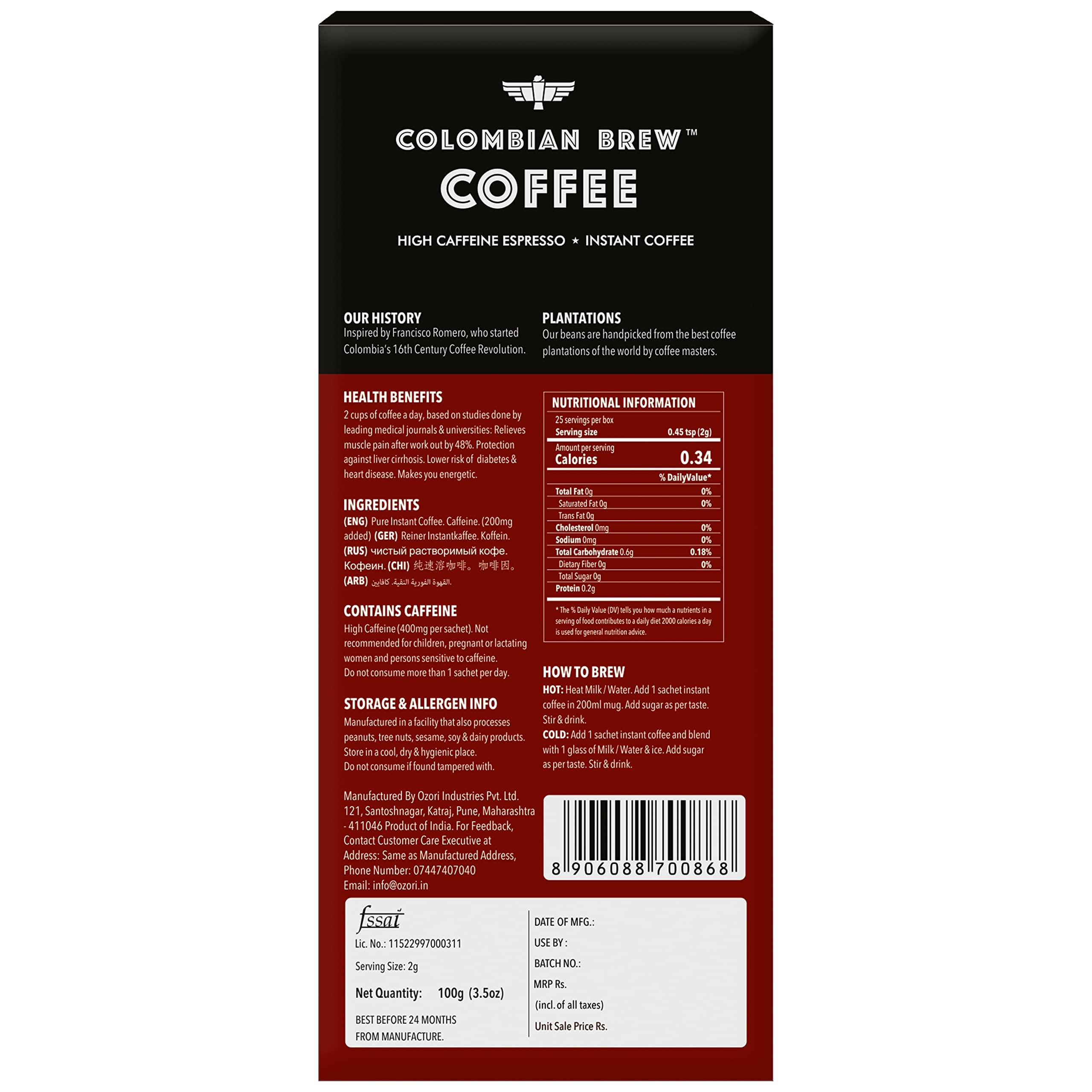 COLOMBIAN BREW COFFEE Colombian Brew High Caffeine Espresso Instant Coffee Powder, Strong, 100g