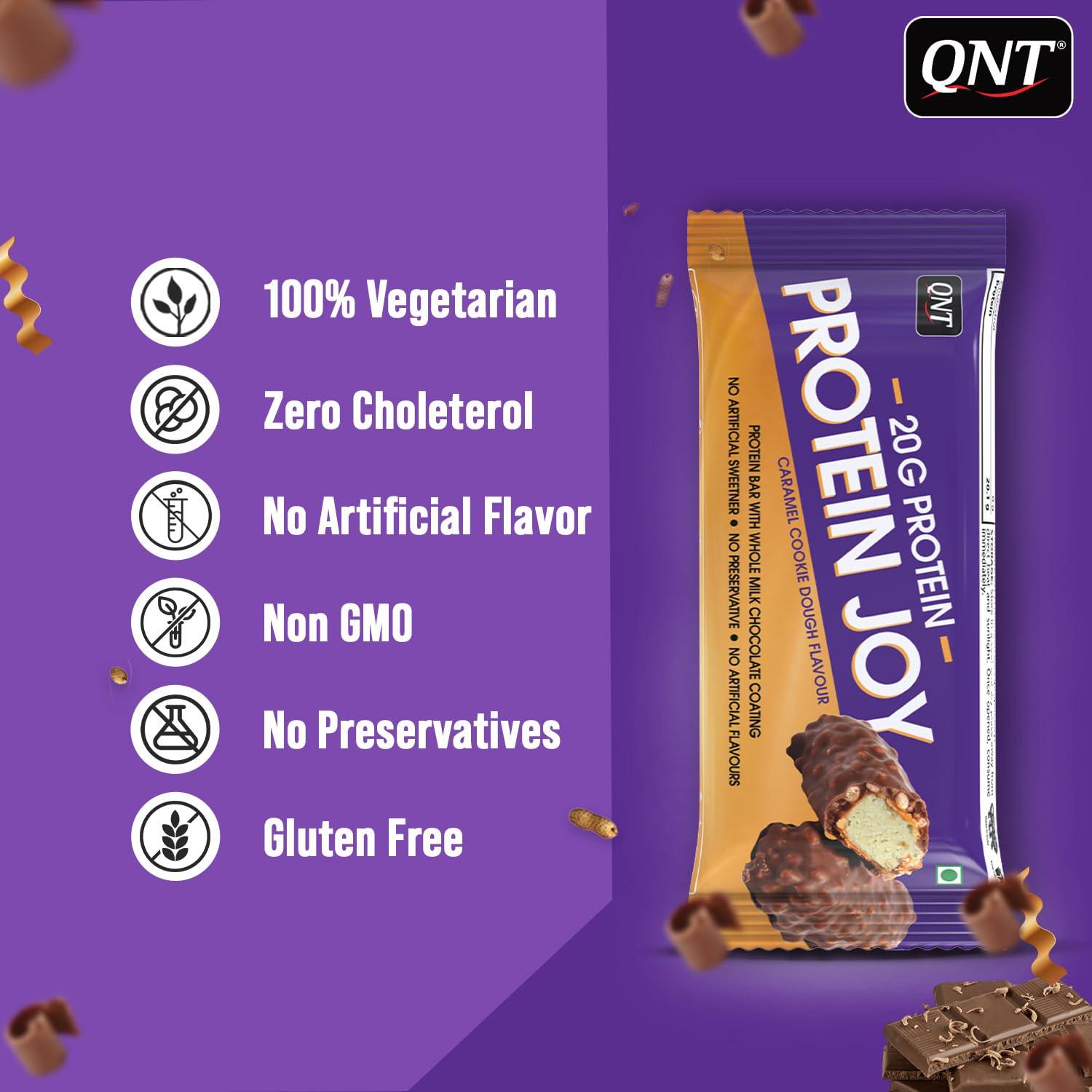 QNT QNT Protein Joy 20g Protein Bar + Caramel Cookie Dough | Promotes Muscle Growth | 100% Vegetarian |6 x 70g Bars (420g Pack)