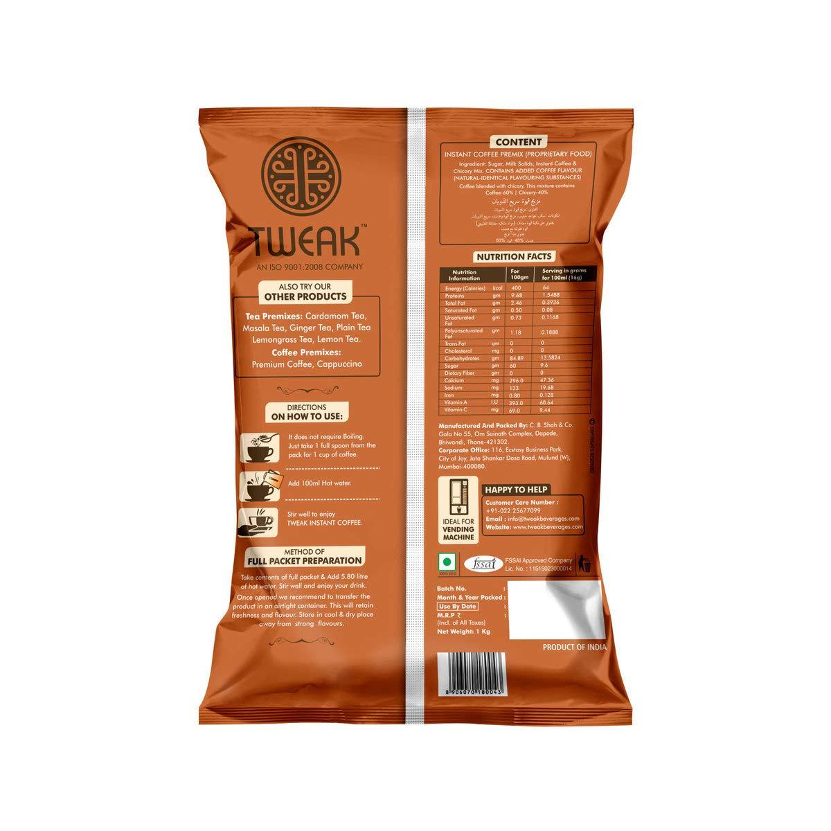 C.B.SHAH & CO. Tweak Instant Coffee premix 1KG pack | Make 62 cups of 100ml | Just add Hot water | Ideal for Vending machine | Can be made Manually | Just Add Hot water | No Need to add Milk