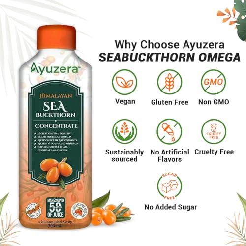 Ayuzera Ayuzera Himalayan Sea Buckthorn Pulp 300ml | Plant Based Vegan Omega 3, 6, 7 and 9 | Vegetarian Liquid Supplements | No Fish Oil | Veg, Natural & Organic | Makes up to 50 Glass Juice | Rich in Omega 7, Antioxidants, Vitamins | (900ml Pack Of 3)
