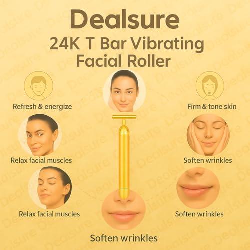 Dealsure Dealsure 24k Gold Energy Beauty Bar Electric Vibration Facial Massage Roller Waterproof Face Skin Care T-Shaped Anti Wrinkle Massager for Forehead Cheek Neck Clavicle Arm (Gold Colour)