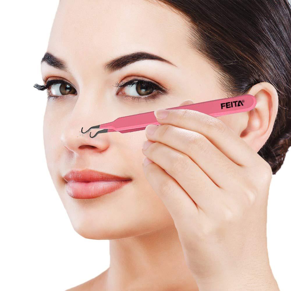 FEITA Blackhead Acne Extraction Tweezers - FEITA Pro & Surgical-Grade Stainless Steel Bend Curved Comedone Extractor Tweezer Tool for Remove Whitehead and Clogged Pores, Pimple - Pink