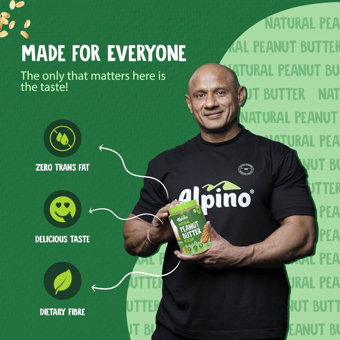 Alpino ALPINO Natural Peanut Butter Crunch 2kg - 100% Roasted Peanuts - 30g Protein, No Added Sugar & Salt, Gluten Free Plant Based, Unsweetened Peanut Butter Crunchy - 1kg, Pack of 2